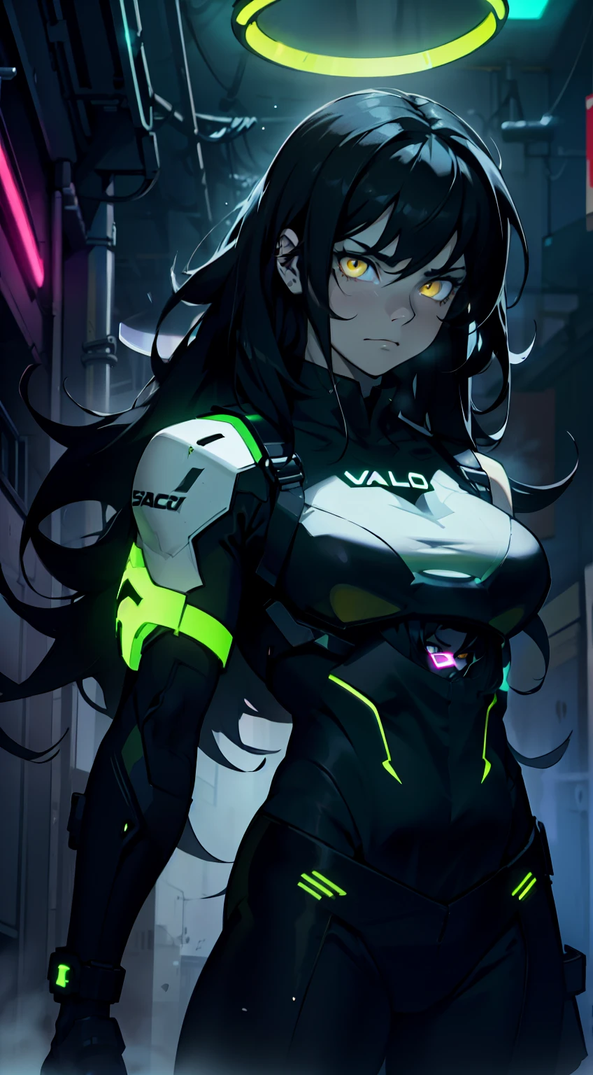 sad pale muscular girl massive breasts hair black hair yellow eyes extremely long hair sad neon dark atmosphere glow blurry glowing halo