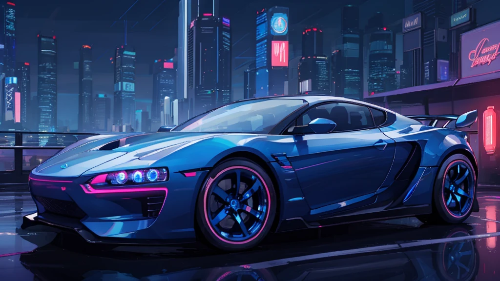 (sports car), (blue cyberpunk, night city, blue neon)