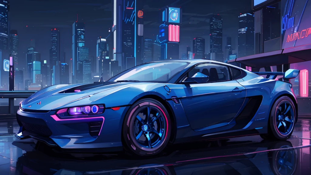 (sports car), (blue cyberpunk, night city, blue neon)