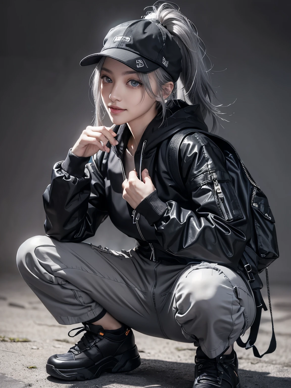 (Realistic:1.2), (fashion portrait:1.2), (ultra detailed, beautiful, masterpiece, best quality:1.2), BREAK
(1girl:1.2), 22 years old, 160 cm, Japanese cute model, Tightened all body, medium Breasts, small head, small face, diamond Face, small nose, Sharp Faceline, (Detailed face:1.2), young hands and fingers, beautiful hands and fingers, five fingers,
BREAK
(happy, smile, Glossy Lips:1.3), (Light color lips, Half open mouth, beautiful Teeth:1.2), (droopy eyes, Double eyelid, light color eyes, Shiny eyes:1.5), (Detailed eyes:1.2), Shiny skin,
BREAK
(medium hair, ponytail hairstyle, wearing a cap, gray hair:1.4), shiny hair,
BREAK
(cowboy shot:1.4), (Squat -tt-, sexy model pose:1.4),
(gray simple background:1.4), 
BREAK

(Cyberpunk theme:1.4), (half pants theme:1.5), ((wear an oversized black cargo large pocket half pants with a narrow hem) over black short socks:1.4), (black pattern print long black long socks:1.2),
BREAK
(White theme:1.3), (oversized and baggy waist-length White outerwear:1.2), (fusion of high collar black windbreaker and black hoodie:1.3), (White Nylon:1.4), ((zipper, large pocket):1.2),
BREAK
(black platform Cyberpunk Sneaker:1.4), (wear a MOUNTAIN backpack:1.4), (Realistic wear:1.5), (Detailed wear:1.3),
BREAK
(White simple cap:1.2),