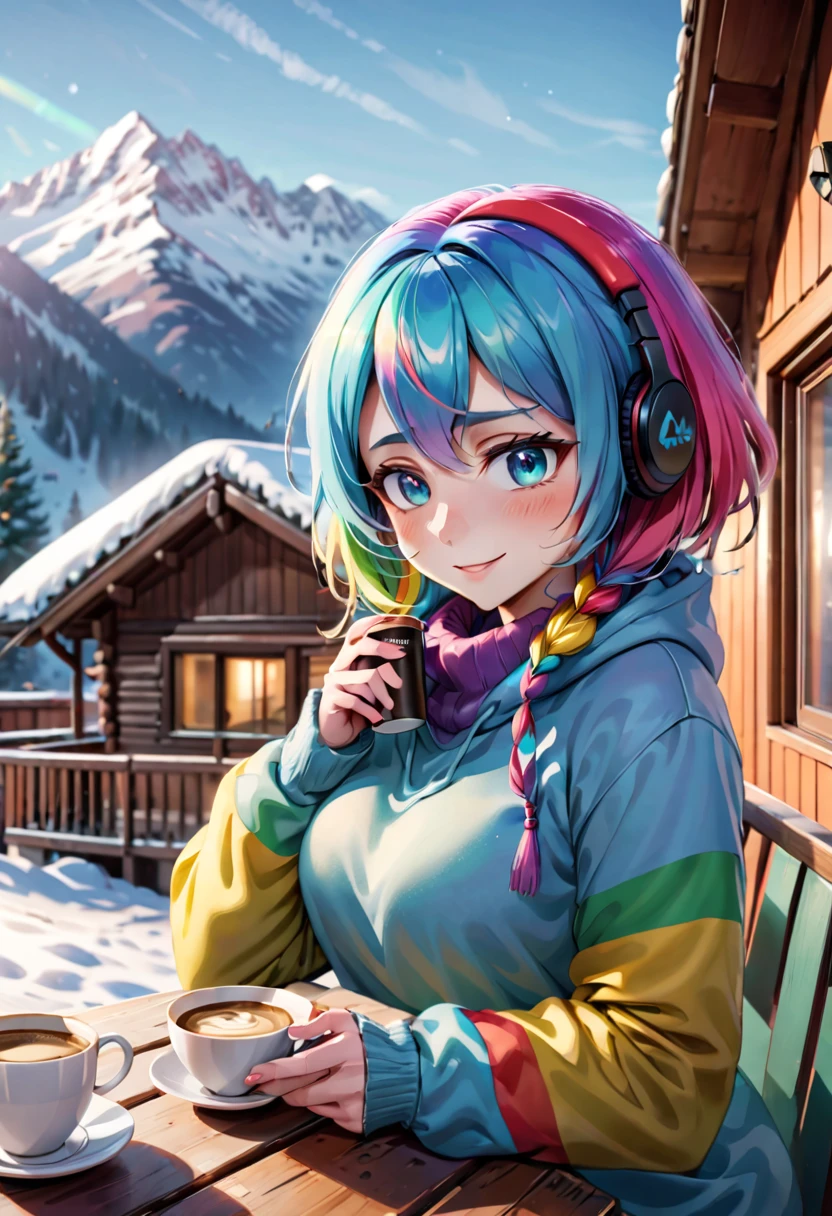 A young woman with tied-up colored hair and eyes resembling a rainbow, listening to calm music on headphones, with a sexy smile, holding a cup of coffee, dressed in cold weather clothing, in a chalet at the base of a mountain. An image that inspires calmness, tranquility, lightness, simplicity, and comfort.