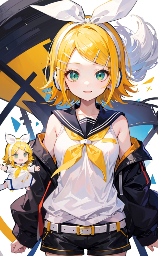 top-quality、super precision、Onegirl、(kagamine_Rin)、Green eyes、Cute s、Shorthair、White hair ribbon、hair clips、headphones、a blond、a sailor suit、Black shorts、a belt、Yellow neckerchief、Sleeveless、ssmile、High school students、Older sister、white backgrounid big breast