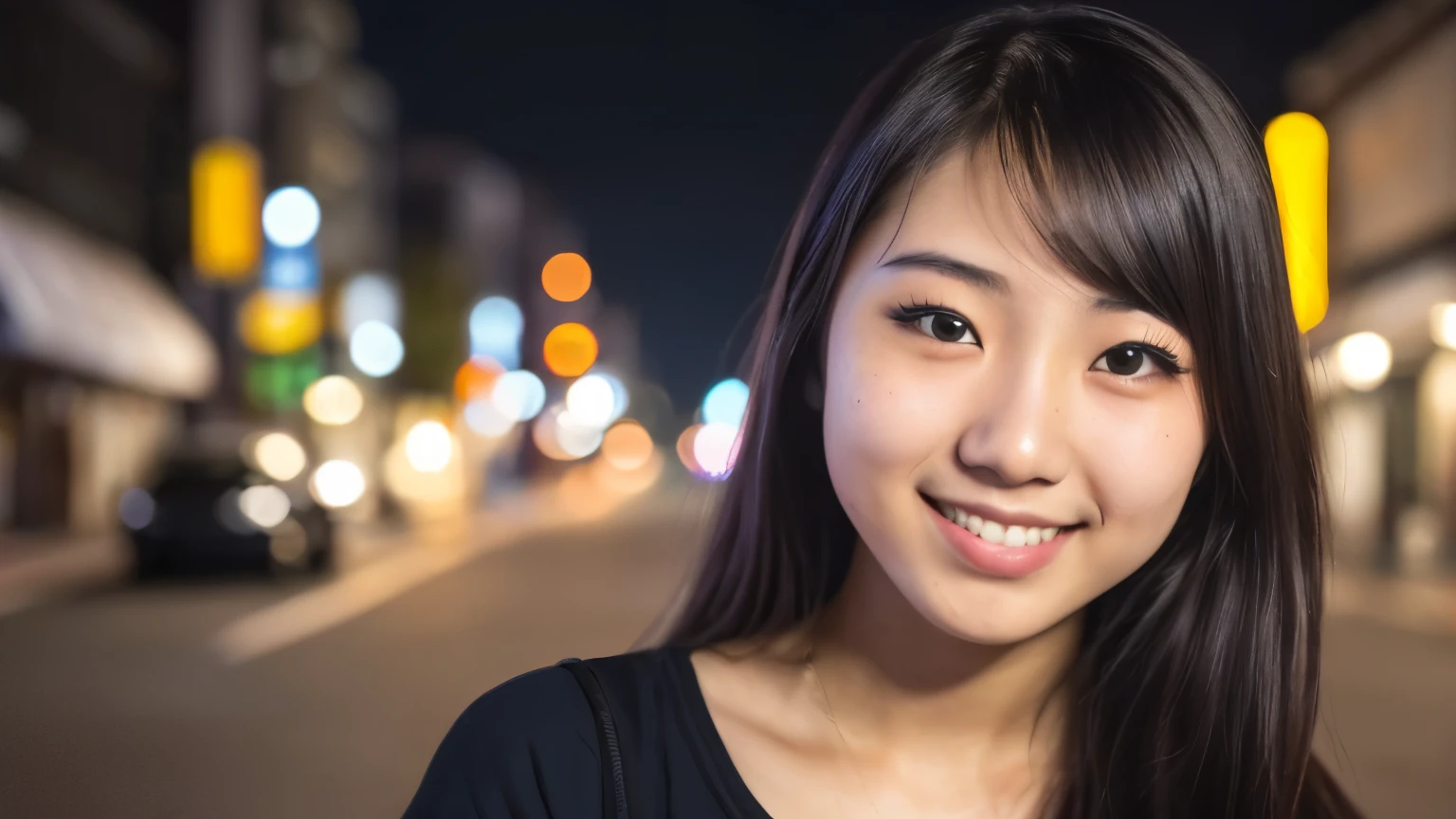 (Editorial photo of a 21 year old Japanese girl.), (Highly detailed face:1.4) (smile:0.7) (city street background at night:1.3) throw, By Lee Jeffries, Nikon D850, film stock photos ,4 port 400 tail ,camera f1.6 lenses ,Various colors ,too realistic ,The textures are realistic..., Incredible light , Movie theater 800,