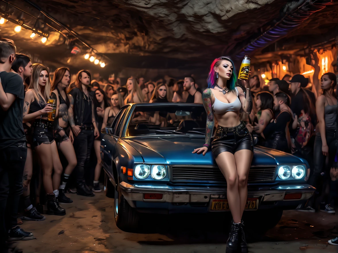 Full scene,A car inside an illegal underground bar, a party, many people, large place, , (car:1.4), underground music concert, stage, tattoos, a woman drinks a beer next girlfriend, lesbians, a crowd, punk, leather, cave, underground night bar, underground city with a network of hidden tunnels, (best quality,4k,8k,highres,masterpiece:1.2),ultra-detailed,(realistic,photorealistic,photo-realistic:1.37)