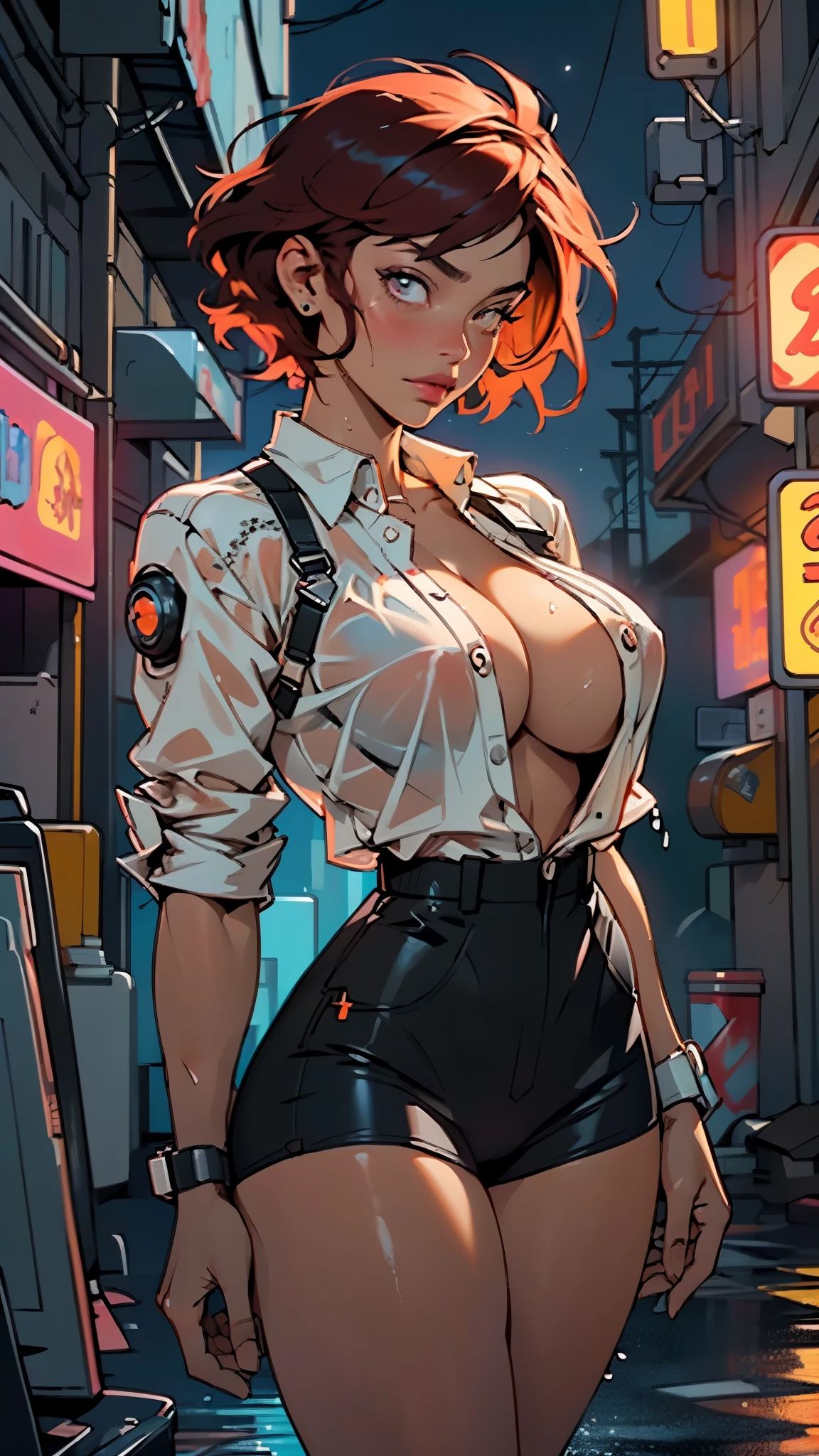 mechanical girl,(1girl:1.3),((1 black girl with extremely cute and beautiful red hair)),((((black race)))),
(big breasts: 1.4),sagging breasts,(((short red hair: 1.35,cropped,redhead,very short hair))),((heterochromia:1.5, (orange_eye and red_eye))),intricate eyes,beautiful detailed eyes,symmetrical eyes,(fat),((((tan,dark skin,black skin:1.35,dark-skinned_female,dark skin:1.3,ebony skin,lustrous skin:1.5,bright skin: 1.5,shiny skin,very shiny skin,shiny body,illuminated skin,wet legs)))),(spider lower abdomen,narrow waist,wide hip ,athletic body,inflated legs, thick thighs,detailed body,(detailed face)),((muscle legs)),((muscular thighs)),((muscular girl)),((strong and muscular,bodybuilder,strong body,muscular,feminine and muscular)),((ABS)),(huge stature,tall stature,very tall girl),
cute,slutty,sensual,seductive look,seductive,erotic,((nsfw)),
(fitted overalls:1.3,suit unbuttoned),((mechanical tools on his clothing,cyberpunk clothes)),(((huge cleavage))),((wet clothes,intricate outfit,intricate clothes)),
(dynamic pose:1.0),embarrassed,(centered,scale to fit dimensions,Rule of thirds),
cyberpunk city by the ocean at night, with bright neon signs and dark stormy clouds and puddles, scenery:1.25,nighttime, starry night, cosmos,Very dark night that makes the neon lights stand out, very bright neon lights,nighttime, starry night, cosmos,
artistic photography,(photography taken by sldr),highres, sharp focus,(ultra detailed, extremely detailed), (photorealistic artwork:1.37),(extremely detailed CG unity 8k wallpaper),((synthwave background theme)),(((vibrant colors))),intricate,(intricate background),(masterpiece),(best quality),perfect rendered face,perfect face details,realistic face,photo realistic,analog style,((intricate detail)),(((realism))),