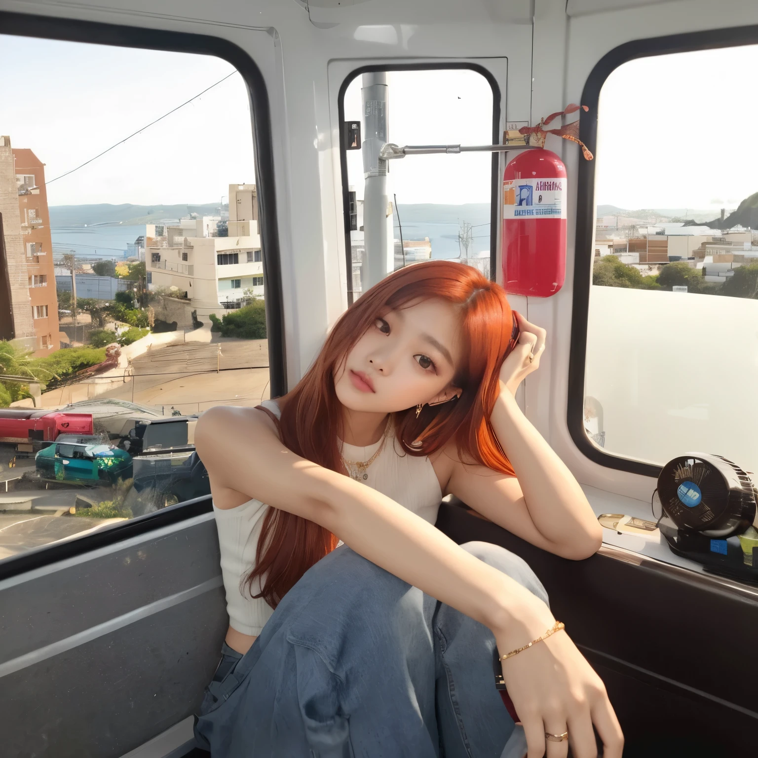 mujer araffada sentada en un tren mirando por la ventana, jossi de blackpink, ulzzang, parque roseanne de blackpink, ella tiene el pelo largo y renaranjado, Jinyoung Shin, tzuyu de dos veces, She has long orange-brown hair., portrait of jossi de blackpink, Jisoo de Blackpink, jisoo de blackpink, Lalisa Manoban de Blackpink