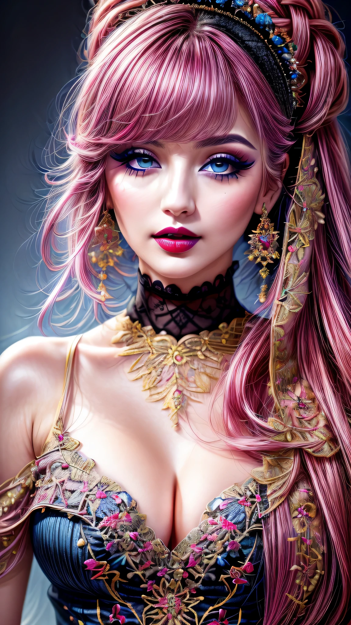 \\Special greetings to Ue-chan\\, Ultra-realistic、 ultra-detailed primetime portraits、 最high quality、 8K、highest level、 The ultra -The high-definition)、(Super beautiful)、(beautiful face:1.5)、(detailed face:1.5)、(detailed eyes:1.2)、(detailed lip:1.2)、(Detailed nose:1.2)、((cleavage:1.1))、((Use any technique, any style, any outfit, Sew, ((embroider)),choose the color of your eyes, hair and even hairstyles)), ((I encourage you to choose the right background for your phenomenally drawn creation))、 (Use any technique, any style, any outfit, even choose eyes color, ((hair different color than eyes))、 dynamic random fancy hairstyle, whatever and how to do it)、 1girl:1.4 ars old、fashion supermodel、real:1.7、photorealistic:1.7、(very delicate and beautiful、fine details:1.3)、(masterpiece)、 最high quality、 (high quality)、 (absurdres)、 (sharp fous)、(Glamour, paparazzi taking pictures of her)、 contrast、 (dark shot:1.12)、 Long 2blue_eyelashes:1.25、 (dark_eyeshadows:1.35)、 red_lipstick:1.35、((perfect round eyes))、 (dark_pink_makeup:1.24)、(matte skin:1.2)、 ((upper body shot))