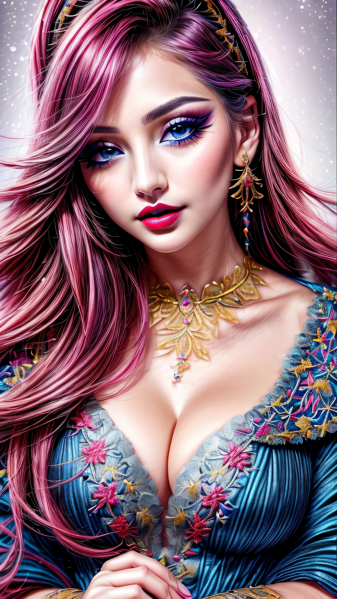 \\Special greetings to Ue-chan\\, Ultra-realistic、 ultra-detailed primetime portraits、 最high quality、 8K、highest level、 The ultra -The high-definition)、(Super beautiful)、(beautiful face:1.5)、(detailed face:1.5)、(detailed eyes:1.2)、(detailed lip:1.2)、(Detailed nose:1.2)、((cleavage:1.1))、((Use any technique, any style, any outfit, Sew, ((embroider)),choose the color of your eyes, hair and even hairstyles)), ((I encourage you to choose the right background for your phenomenally drawn creation))、 (Use any technique, any style, any outfit, even choose eyes color, ((hair different color than eyes))、 dynamic random fancy hairstyle, whatever and how to do it)、 1girl:1.4 ars old、fashion supermodel、real:1.7、photorealistic:1.7、(very delicate and beautiful、fine details:1.3)、(masterpiece)、 最high quality、 (high quality)、 (absurdres)、 (sharp fous)、(Glamour, paparazzi taking pictures of her)、 contrast、 (dark shot:1.12)、 Long 2blue_eyelashes:1.25、 (dark_eyeshadows:1.35)、 red_lipstick:1.35、((perfect round eyes))、 (dark_pink_makeup:1.24)、(matte skin:1.2)、 ((upper body shot))