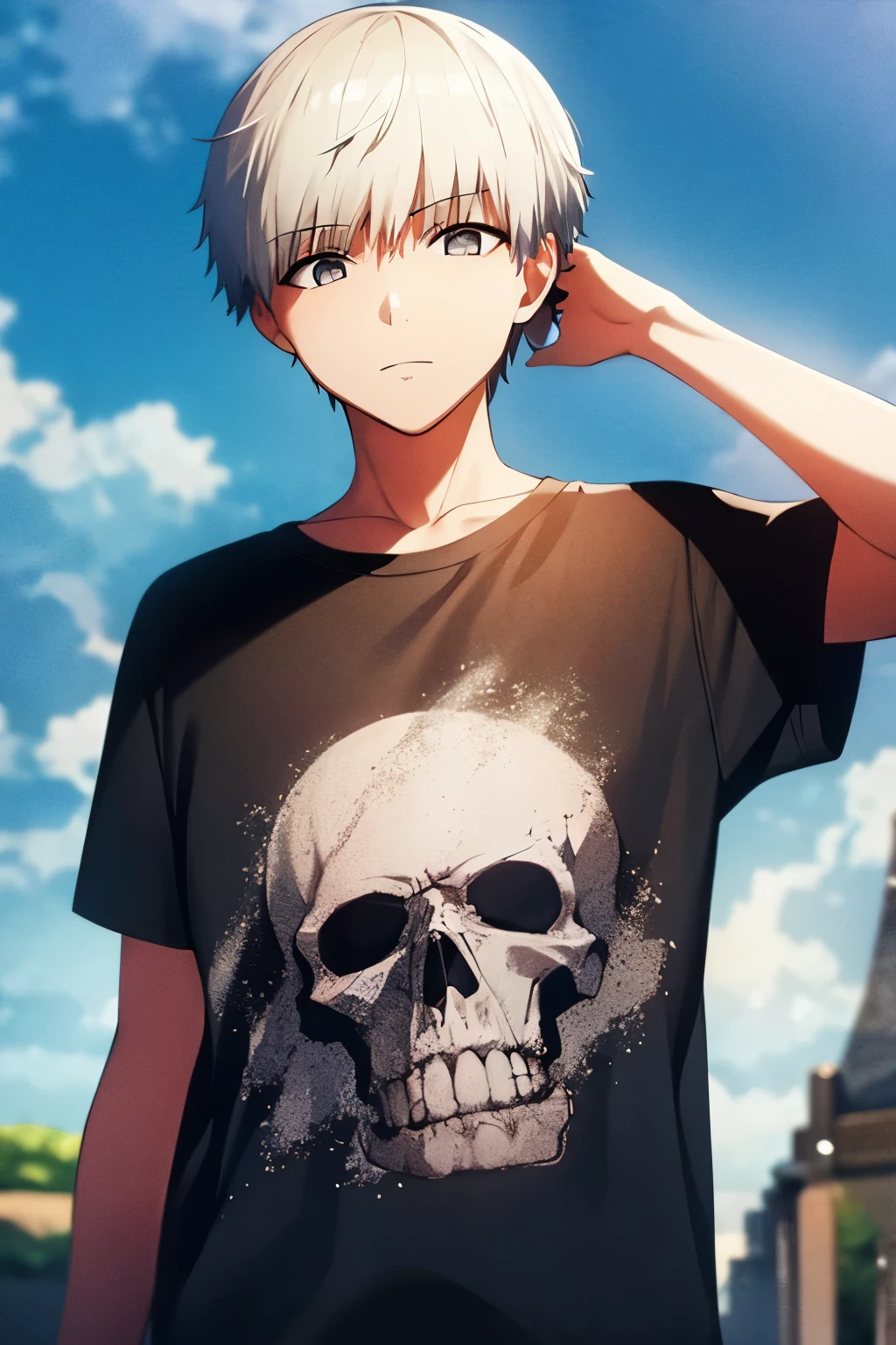 1 teenager boy, white hair, short hair, t-shirt, looking at the sky, holding his head with both hands, standing, black t-shirt with a white skull in the center, black, blue vermude