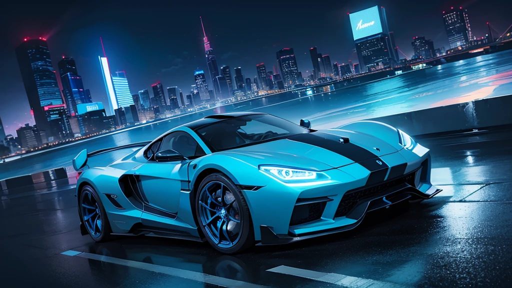 (sports car), (blue cyberpunk, night city, blue neon)