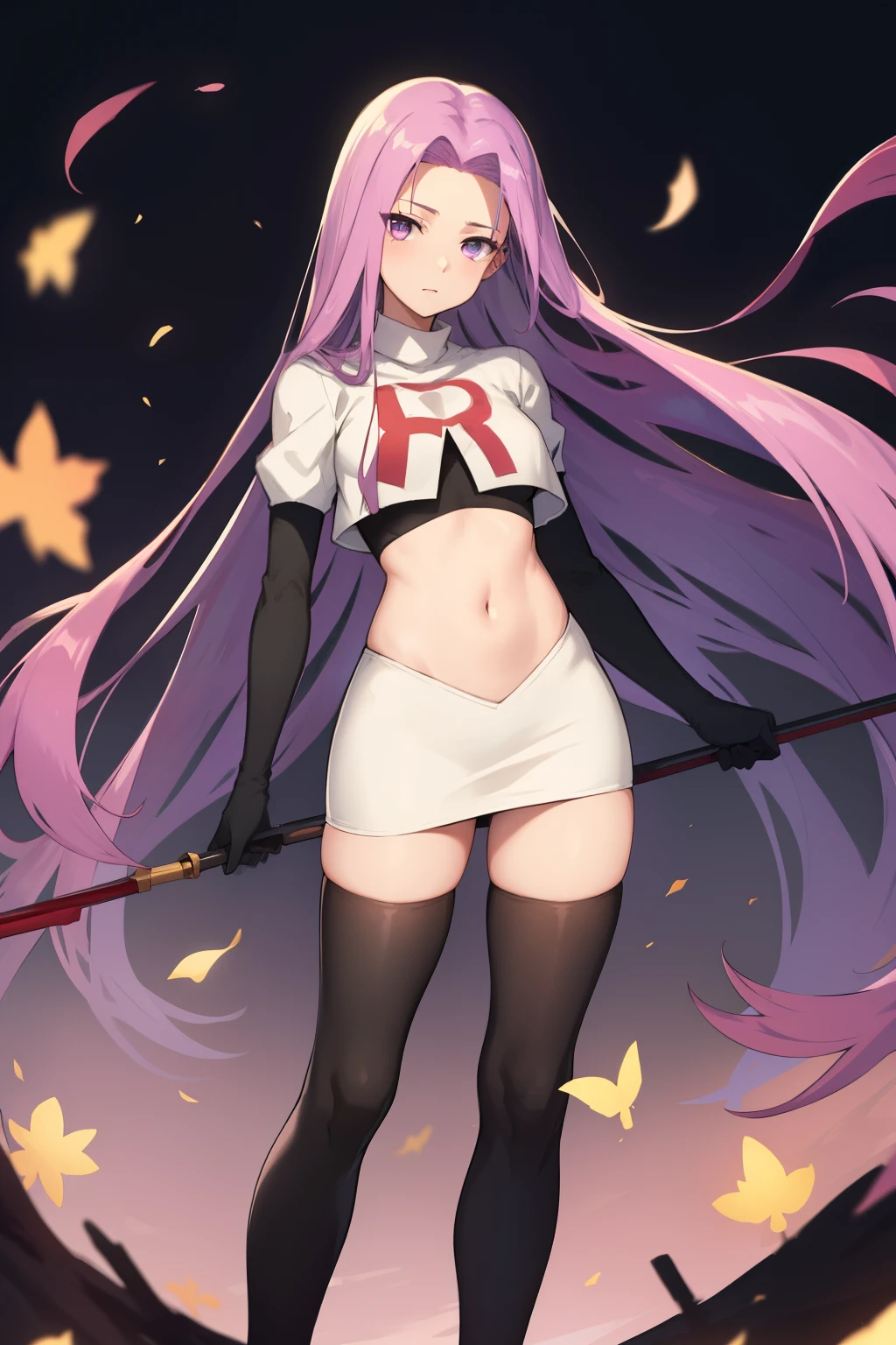 best quality, (masterpiece:1.2), highly detailed,
fate/stay background,
medusa_ubw,
1girl, solo, standing, looking at the viewer,
absurdly long hair, purple hair, floating hair, purple eyes, medium breasts,
team rocket,team rocket uniform,white skirt,red letter R,crop top,black thigh-highs,black elbow gloves,