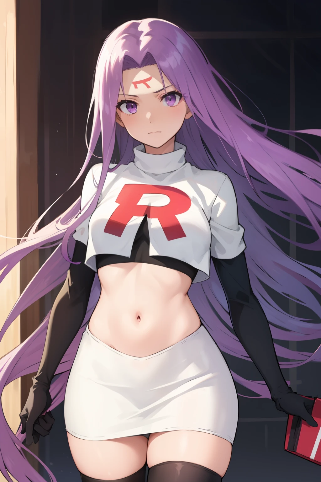 best quality, (masterpiece:1.2), highly detailed,
fate/stay background,
medusa_ubw,
1girl, solo, standing, looking at the viewer,
absurdly long hair, purple hair, floating hair, purple eyes, medium breasts,
team rocket,team rocket uniform,white skirt,red letter R,crop top,black thigh-highs,black elbow gloves,