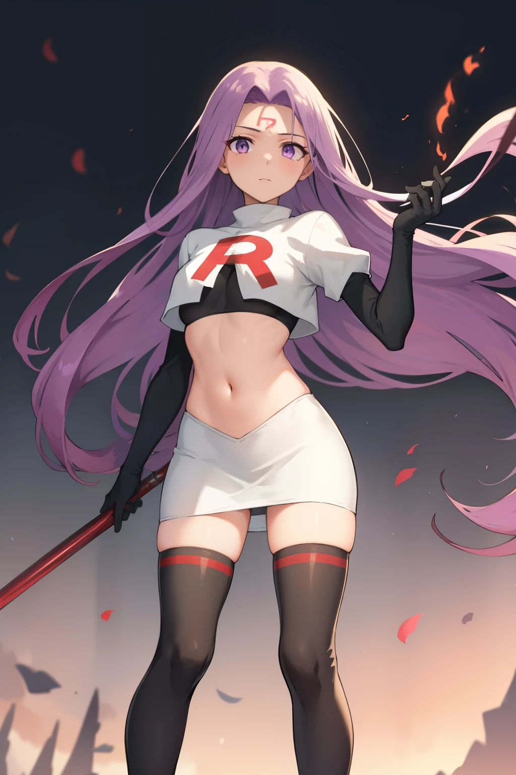 best quality, (masterpiece:1.2), highly detailed,
fate/stay background,
medusa_ubw,
1girl, solo, standing, looking at the viewer,
absurdly long hair, purple hair, floating hair, purple eyes, medium breasts,
team rocket,team rocket uniform,white skirt,red letter R,crop top,black thigh-highs,black elbow gloves,