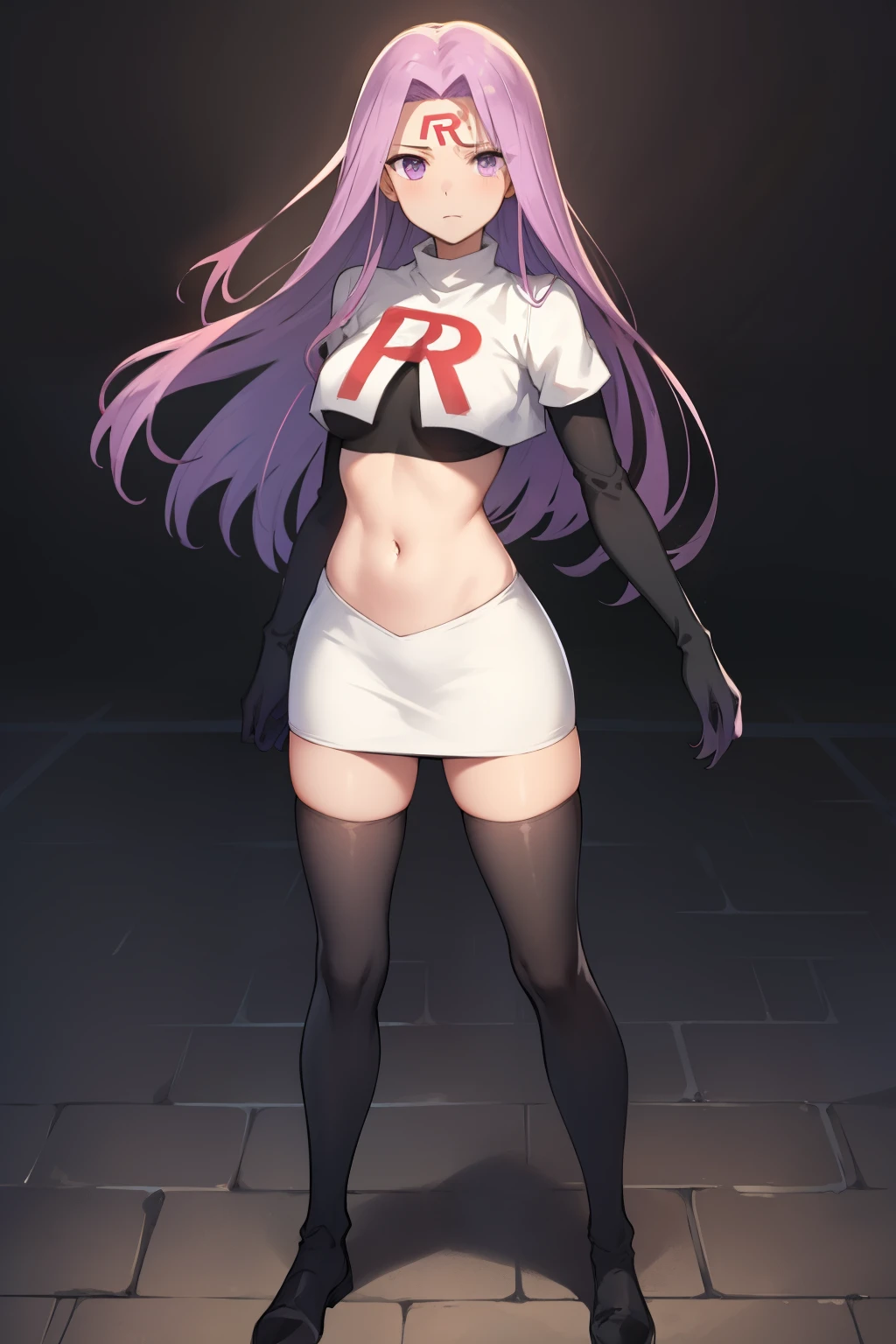 best quality, (masterpiece:1.2), highly detailed,
fate/stay background,
medusa_ubw,
1girl, solo, standing, looking at the viewer,
absurdly long hair, purple hair, floating hair, purple eyes, medium breasts,
team rocket,team rocket uniform,white skirt,red letter R,crop top,black thigh-highs,black elbow gloves,