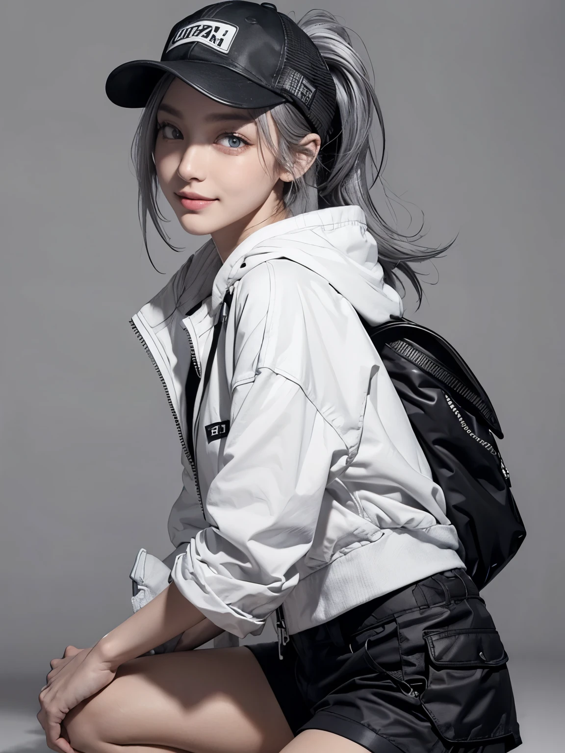 (Realistic:1.2), (fashion portrait:1.2), (ultra detailed, beautiful, masterpiece, best quality:1.2), BREAK
(1girl:1.2), 22 years old, 160 cm, Japanese cute model, Tightened all body, medium Breasts, small head, small face, diamond Face, small nose, Sharp Faceline, (Detailed face:1.2), young hands and fingers, beautiful hands and fingers, five fingers,
BREAK
(happy, smile, Glossy Lips:1.3), (Light color lips, Half open mouth, beautiful Teeth:1.2), (droopy eyes, Double eyelid, light color eyes, Shiny eyes:1.5), (Detailed eyes:1.2), Shiny skin,
BREAK
(medium hair, ponytail hairstyle, wearing a cap, gray hair:1.4), shiny hair,
BREAK
(cowboy shot:1.4), (Squat -tt-, sexy model pose:1.4),
(gray simple background:1.4),
BREAK
(Cyberpunk theme:1.4), (short pants theme:1.5), ((wear an oversized black cargo large pocket short pants with a narrow hem) over black short socks:1.4), (Knee skin:1.6), (black pattern print black short socks:1.2),
BREAK
(White theme:1.3), (oversized and baggy waist-length White outerwear:1.2), (fusion of high collar black windbreaker and black hoodie:1.3), (White Nylon:1.4), ((zipper, large pocket):1.2),
BREAK
(black platform Cyberpunk Sneaker:1.4), (wear a MOUNTAIN backpack:1.4), (Realistic wear:1.5), (Detailed wear:1.3),
BREAK
(White simple cap:1.2),
