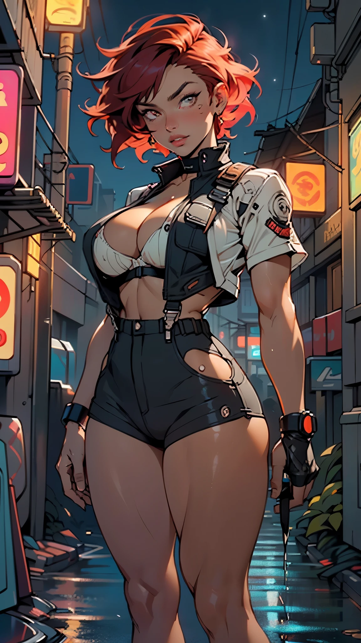 mechanical girl,(1girl:1.3),((1 black girl with extremely cute and beautiful red hair)),((((black race)))),
(big breasts: 1.4),sagging breasts,(((short red hair: 1.35,cropped,redhead,very short hair))),((heterochromia:1.5, (orange_eye and red_eye))),intricate eyes,beautiful detailed eyes,symmetrical eyes,(fat),((((tan,dark skin,black skin:1.35,dark-skinned_female,dark skin:1.3,ebony skin,lustrous skin:1.5,bright skin: 1.5,shiny skin,very shiny skin,shiny body,illuminated skin,wet legs)))),(spider lower abdomen,narrow waist,wide hip ,athletic body,inflated legs, thick thighs,detailed body,(detailed face)),((muscle legs)),((muscular thighs)),((muscular girl)),((strong and muscular,bodybuilder,strong body,muscular,feminine and muscular)),((ABS)),(huge stature,tall stature,very tall girl),
cute,slutty,sensual,seductive look,seductive,erotic,((nsfw)),
(fitted overalls:1.3,suit unbuttoned),((mechanical tools on his clothing,cyberpunk clothes)),(((huge cleavage))),((wet clothes,intricate outfit,intricate clothes)),
(dynamic pose:1.0),embarrassed,(centered,scale to fit dimensions,Rule of thirds),
cyberpunk city by the ocean at night, with bright neon signs and dark stormy clouds and puddles, scenery:1.25,nighttime, starry night, cosmos,Very dark night that makes the neon lights stand out, very bright neon lights,nighttime, starry night, cosmos,
artistic photography,(photography taken by sldr),highres, sharp focus,(ultra detailed, extremely detailed), (photorealistic artwork:1.37),(extremely detailed CG unity 8k wallpaper),((synthwave background theme)),(((vibrant colors))),intricate,(intricate background),(masterpiece),(best quality),perfect rendered face,perfect face details,realistic face,photo realistic,analog style,((intricate detail)),(((realism))),