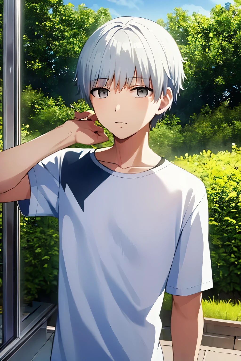 1 teenager boy, white hair, short hair, t-shirt, looking at the sky, holding his head with both hands, standing, black t-shirt with a white skull in the center, black, blue vermude