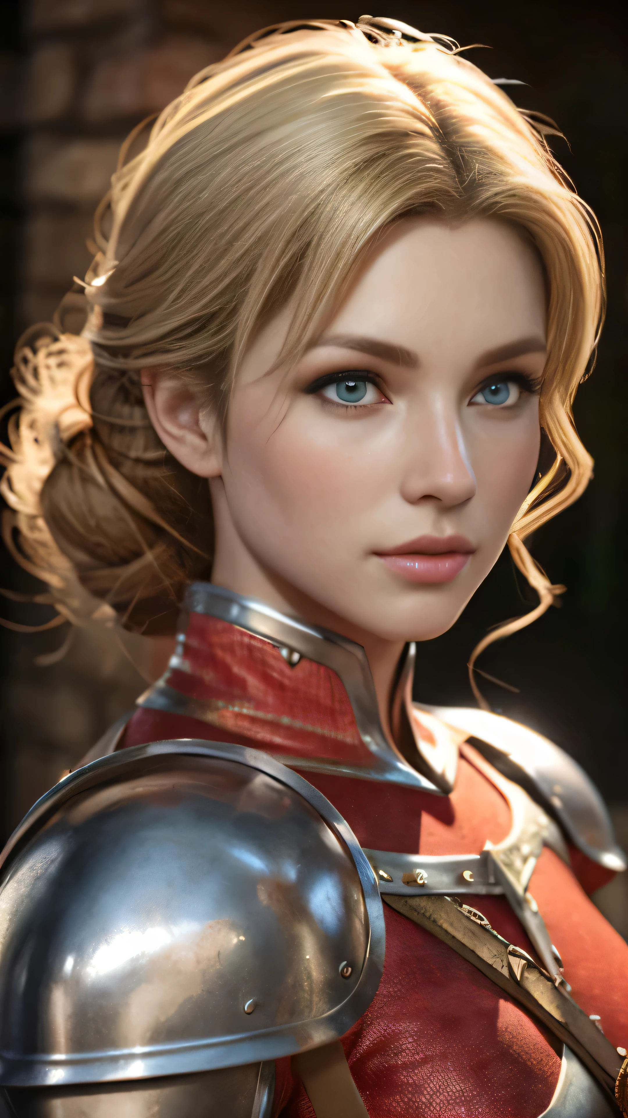 1girl、medieval knight　masterpiece、highest quality、8k、detailed skin texture、red armor,　detailed cloth texture、beautiful detailed face、intricate details、Super detailed、european girl、green eyes、blonde curly hair、3D character、medieval knight，Full-body high-resolution image
