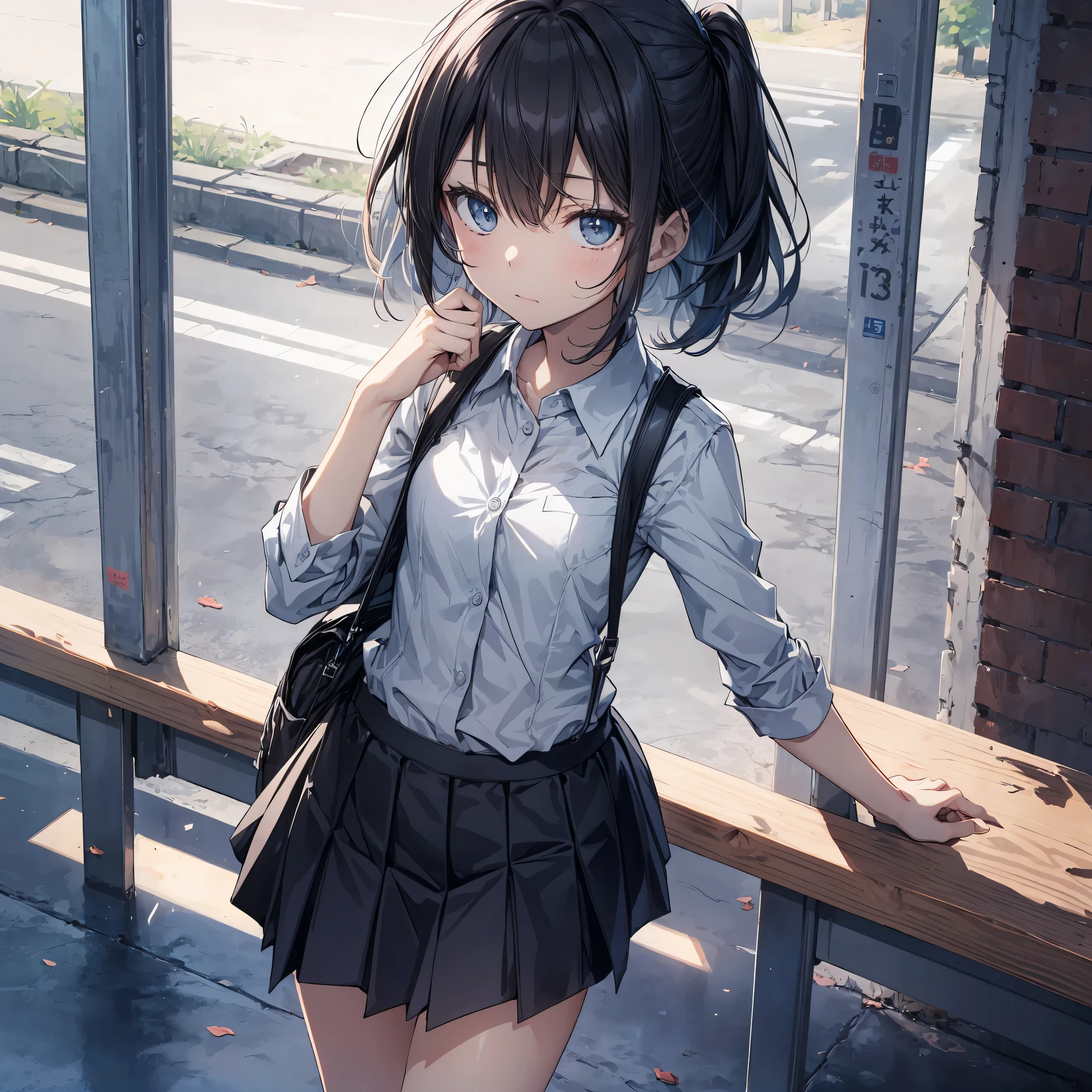 Super high quality by the art god, super detailed, High resolution,Kyoto animation style, anime moe art style, best anime 8K konachan wallpaper, pixiv contest winner, perfect anatomy, break,(眠そうにalone学校へ行く女の子を描いてください. ),break, surreal high school girl, (alone,lolita, , 13 years old:1.3),All limbs, full finger,, androgynous charm, (very short hair), messy hair, flat chest, small ass, between legs, Small black eyes,beautiful and fine eyes, Well-proportioned iris and pupils, disgusted eyes, High resolutionの詳細な髪, wearing school uniform, (skirt), On the way to school. break,super dense skin, Best lighting by famous artists, 8K, figure,