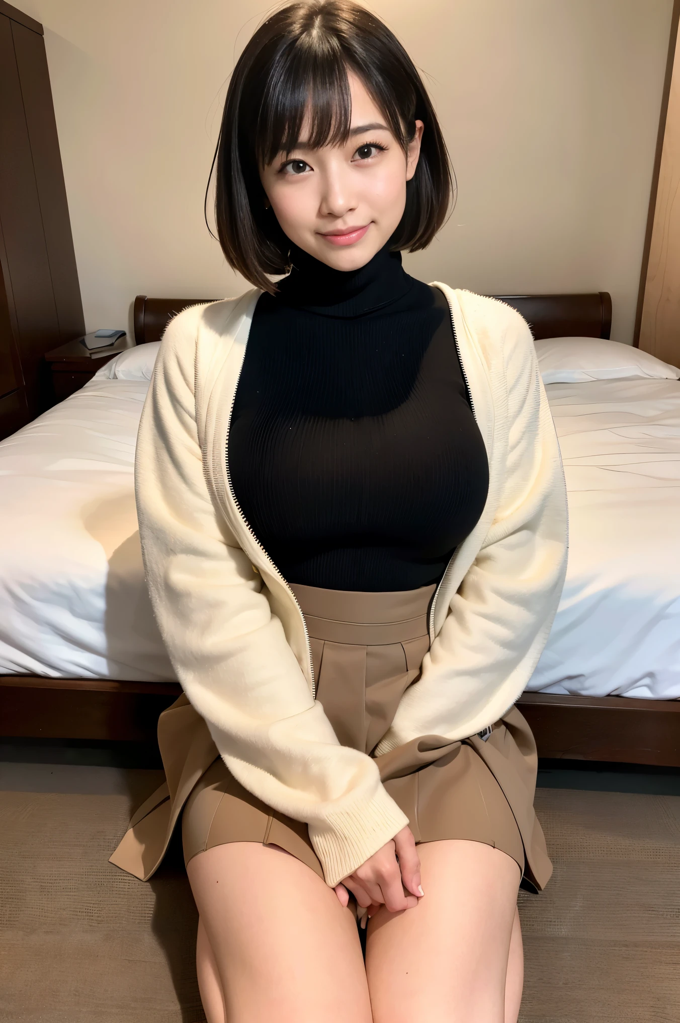 ((japanese girl)), 8K, RAWphotograph, highest quality, Super detailed, ultra high resolution, realistic, photographのように写実的な, 高精細RAWカラーphotograph, プロのphotograph, very detailed, 8k wallpaper, wonderful, finely, huge file size, very detailed顔, very detailed目, very detailed肌, very thin fingers, very detailed鼻, very detailed口, perfect anatomy,thighs、Shin swelling、feet、 very detailed背景, realistic body, good figure, blown hair,photograph, (smile), perfect skin, perfect anatomy, (Women's Clothing)、((((((頭からfeet先までの全身のphotographを撮ります))))))、(((Big so big that they spill out)))、(((NSFW)))、(((Light brown medium straight bob cut with slightly longer bangs and rounded sides.)))、((((black pantyhose))))、((((Brown short boots))))、(((スカートをめくってパンティを見せて立っているphotograph))、((Fleece jacket)), ((turtleneck sweater with open neckline)), ((pleated skirt))、((mousatsu))