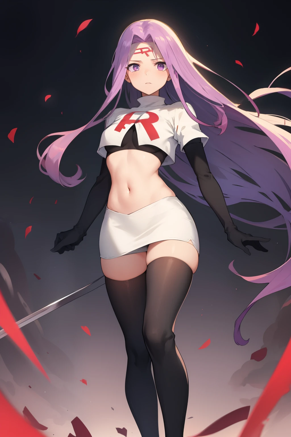 best quality, (masterpiece:1.2), highly detailed,
fate/stay background,
medusa_ubw,
1girl, solo, standing, looking at the viewer,
absurdly long hair, purple hair, floating hair, purple eyes, medium breasts,
team rocket,team rocket uniform,white skirt,red letter R,crop top,black thigh-highs,black elbow gloves,