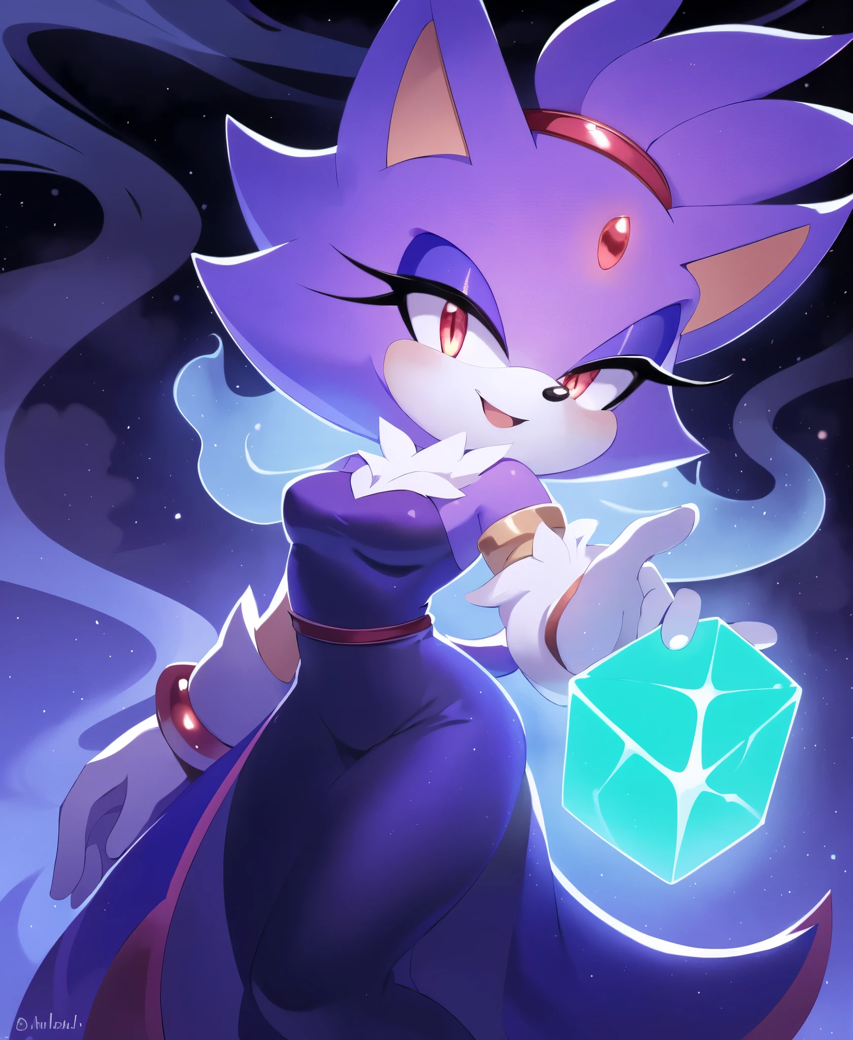 blaze the cat from sonic the hedgehog, glowing red eyes, wispy hair, pillars of smoke, made out of smoke, ghost-like, demonic appearance, holding a small teal glowing metal square in her hand, smiling evilly, malicious look, swirling cloudy misty background, creepy, stunning visual, hand with five fingers