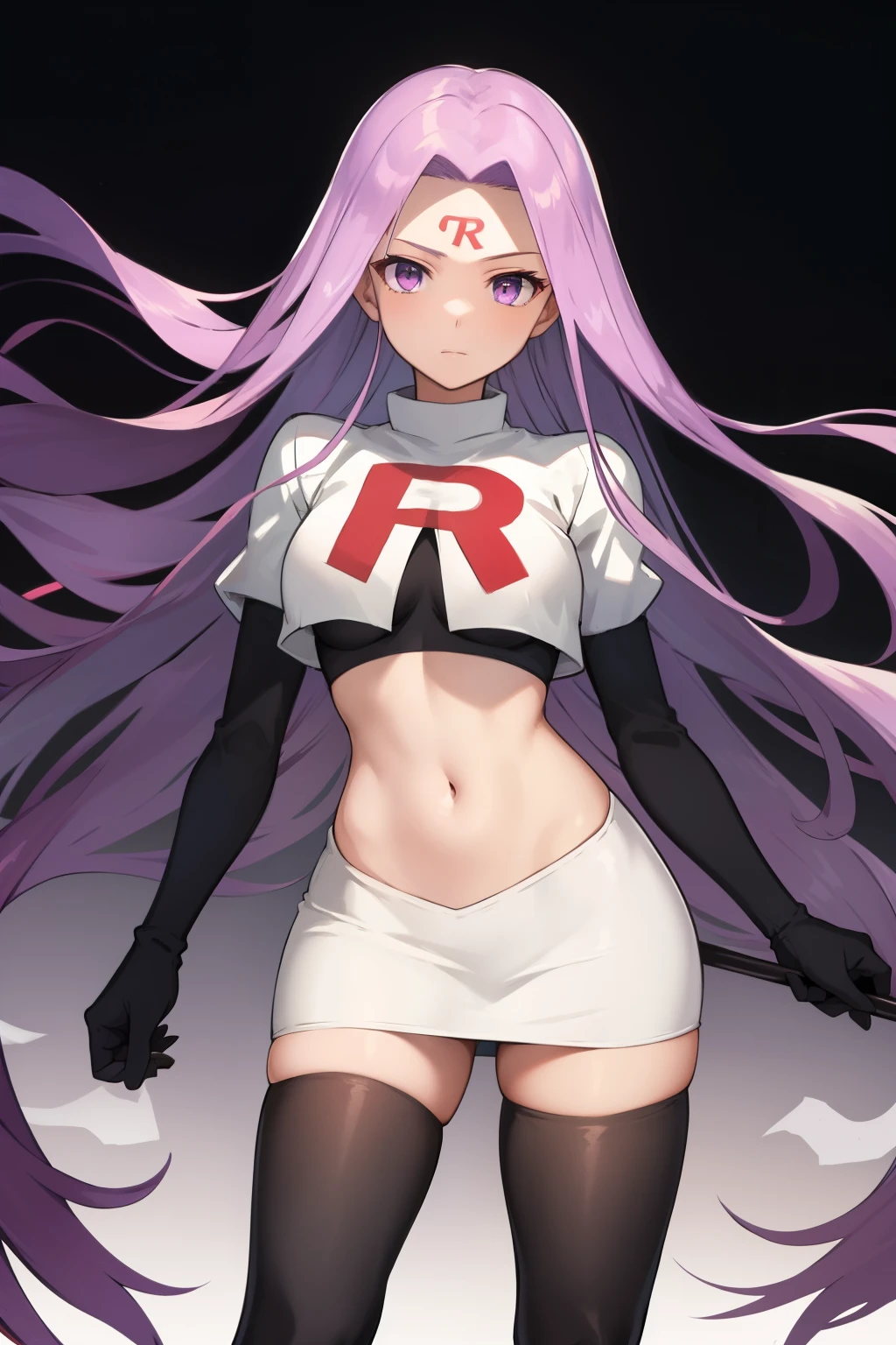 best quality, (masterpiece:1.2), highly detailed,
fate/stay background,
medusa_ubw,
1girl, solo, standing, looking at the viewer,
absurdly long hair, purple hair, floating hair, purple eyes, medium breasts,
team rocket,team rocket uniform,white skirt,red letter R,crop top,black thigh-highs,black elbow gloves,