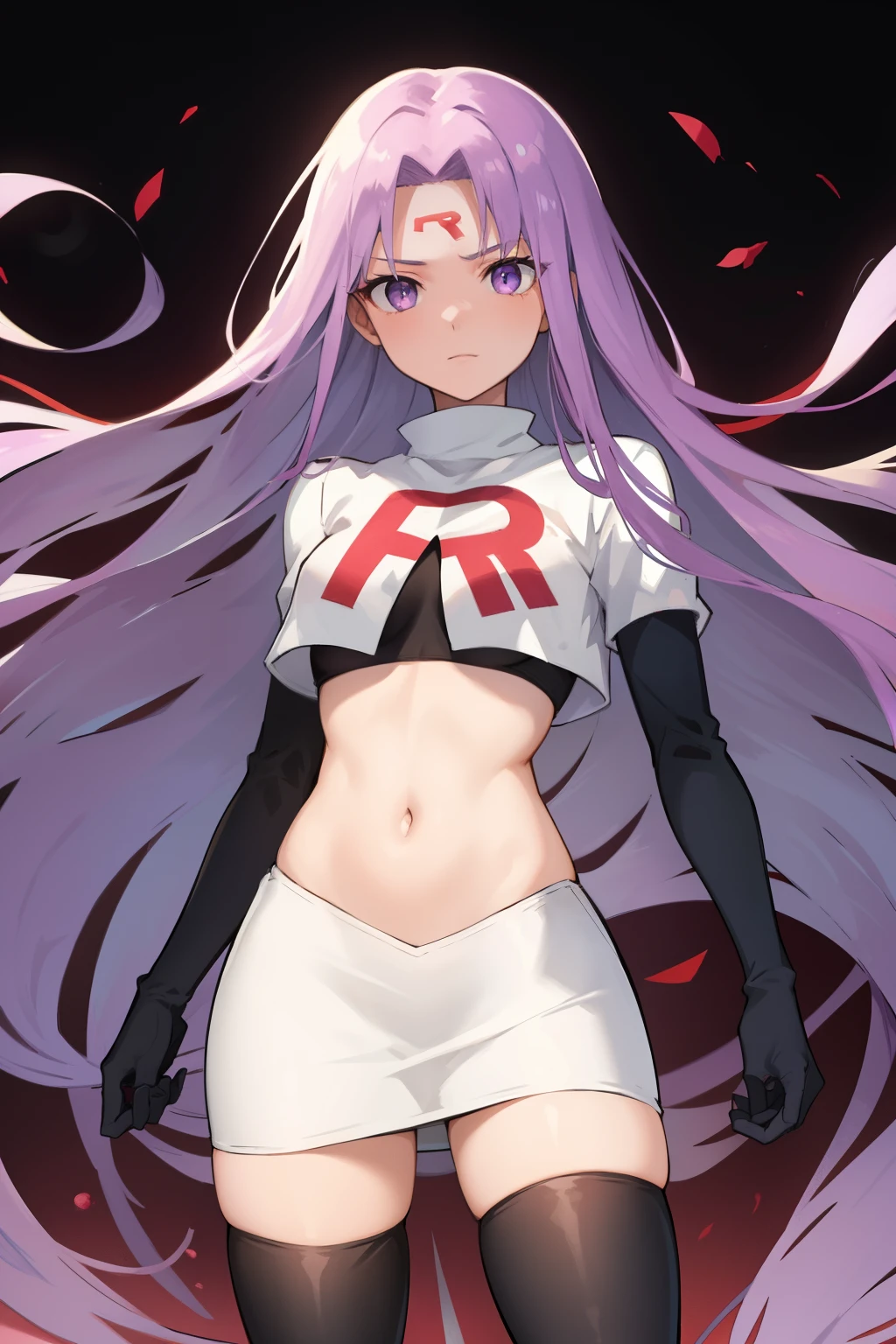 best quality, (masterpiece:1.2), highly detailed,
fate/stay background,
medusa_ubw,
1girl, solo, standing, looking at the viewer,
absurdly long hair, purple hair, floating hair, purple eyes, medium breasts,
team rocket,team rocket uniform,white skirt,red letter R,crop top,black thigh-highs,black elbow gloves,