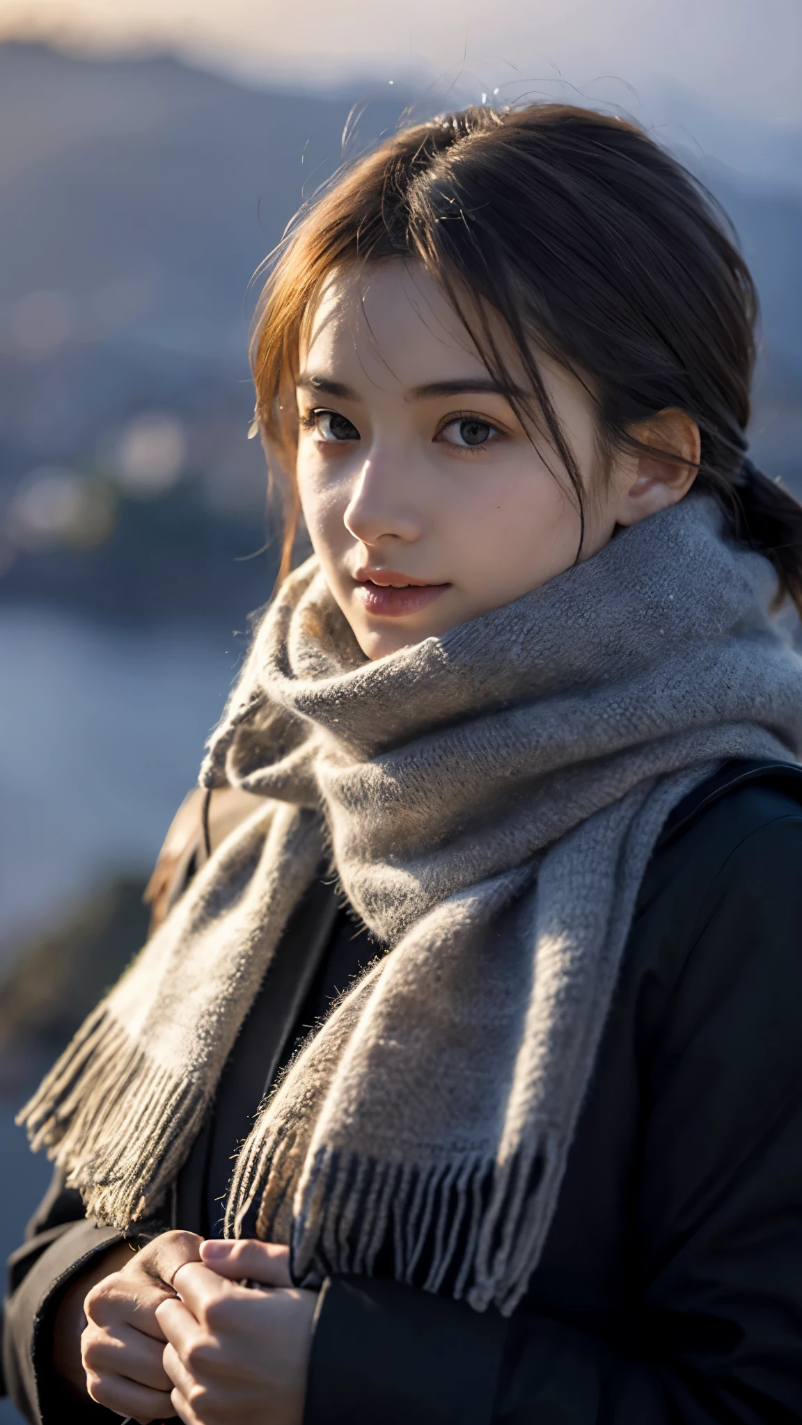 8K, highest quality, masterpiece, realistic, ultra detail, photo realistic, Improvement of quality, 
Photo of a girl holding a scarf and standing on a hill overlooking the sea, In a dark and brooding designer style,  calm face,  beauty of nature, close up shot
