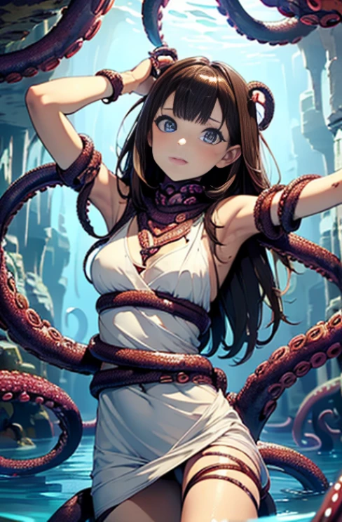 ((masterpiece)), ((best quality)), (ultra-detailed),(in the cave),(monster),(((many tentacles wrap arotnd the waist))),a cute girl, 1girl, solo, (white girly dress),((many tentacles bound arms)), ((thin waist)),large breast, slim, slender,beautiful brown hair, beautiful blue eyes, (beautiful eyes), long hair,troubled expressio