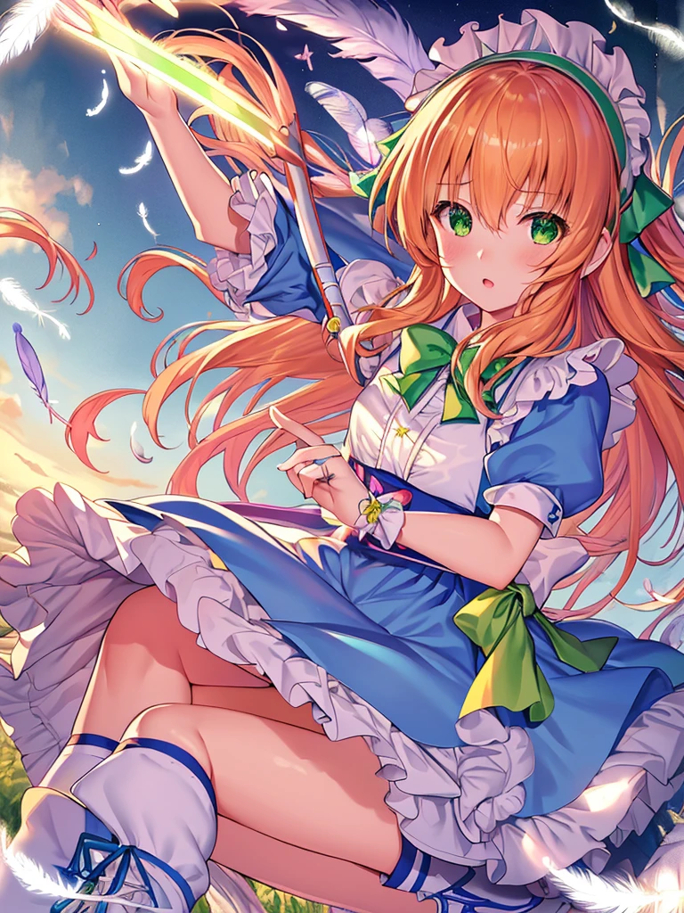 photo realistic, (masterpiece,best quality:1.4),(8k,raw photo,photo realistic:1.2),Not Safe for Work, detailed skin,detailed face,1girl,princess, cute face, super resolution,retro realistic details Illustration,,{{{elaborate,intricately,fantastic,delicately,tremendous,meticulous,minute,incredibly,obsessed,artisan's,subtle,virtuoso,skillful,vibrant, vivid, complex}}}, clearly focus edge, fresh natural gradation, best quality, amazing quality, very aesthetic, absurdres,
pubisure,
Break,
(((prepare a bow,bow and arrow))), (shoot a bow), (playing the bow), Archer, (((Green dirndl))), mini frilled skirt, (((Forehead raise))), (frilled panties), serious expression, ((hairband)), ((Long hair)), ((light orange hair)), straight hair, shimmering eyes, Green eyes, , 12 yo, , cute, (((cape))), ((Blue the Bow)), Puffy Sleeves, shortsleeves, ((green bow ribbon)), (White frilled apron), flat chest, beautiful hands, neck ribbon, wrist cuffs, arm garter, baby face, twinkle in the eye, (((frilled overknee socks))),(((high tops))), ((ankle boots)), Heart necklace, ring, masterpiece, top-quality, not safe for work,
BREAK,
yumekawa,yumekawaii, pastel color,(wonderland:1.3),imagination, ((tornado)), ((feathers)), (((Fluttering feathers))), Wind, (Multicolored lights), (((trading card))),