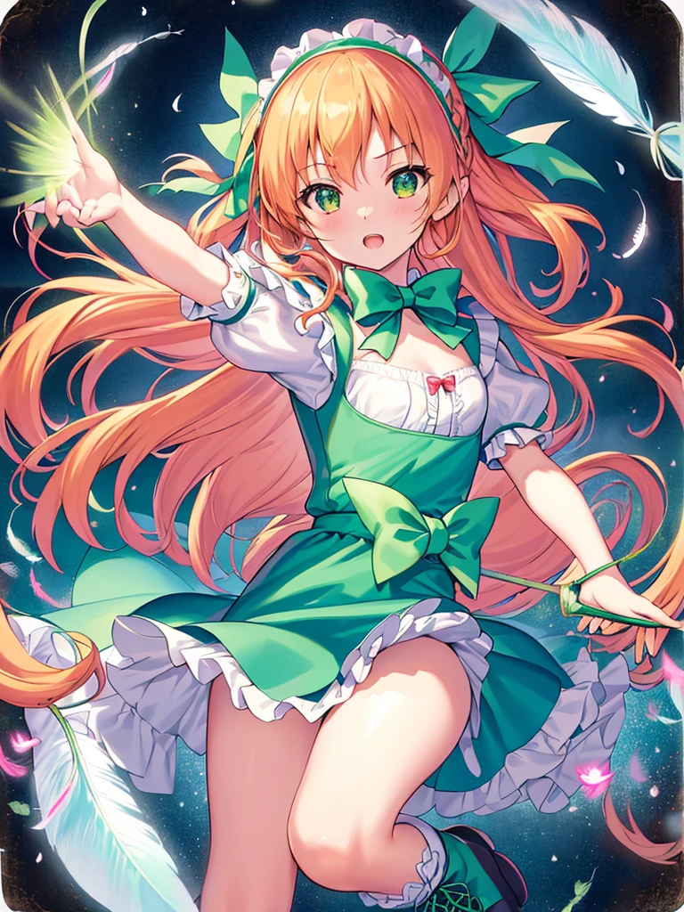 photo realistic, (masterpiece,best quality:1.4),(8k,raw photo,photo realistic:1.2),Not Safe for Work, detailed skin,detailed face,1girl,princess, cute face, super resolution,retro realistic details Illustration,,{{{elaborate,intricately,fantastic,delicately,tremendous,meticulous,minute,incredibly,obsessed,artisan's,subtle,virtuoso,skillful,vibrant, vivid, complex}}}, clearly focus edge, fresh natural gradation, best quality, amazing quality, very aesthetic, absurdres,
pubisure,
Break,
(((prepare a bow,bow and arrow))), (shoot a bow), (playing the bow), Archer, (((Green dirndl))), mini frilled skirt, (((Forehead raise))), (frilled panties), serious expression, ((hairband)), ((Long hair)), ((light orange hair)), straight hair, shimmering eyes, Green eyes, , yo, , cute, (((cape))), ((Blue the Bow)), Puffy Sleeves, shortsleeves, ((green bow ribbon)), (White frilled apron), flat chest, beautiful hands, neck ribbon, wrist cuffs, arm garter, batwinkle in the eye, (((frilled overknee socks))),(((high tops))), ((ankle boots)), Heart necklace, ring, masterpiece, top-quality, not safe for work,
BREAK,
yumekawa,yumekawaii, pastel color,(wonderland:1.3),imagination, ((tornado)), ((feathers)), (((Fluttering feathers))), Wind, (Multicolored lights), (((trading card))),
