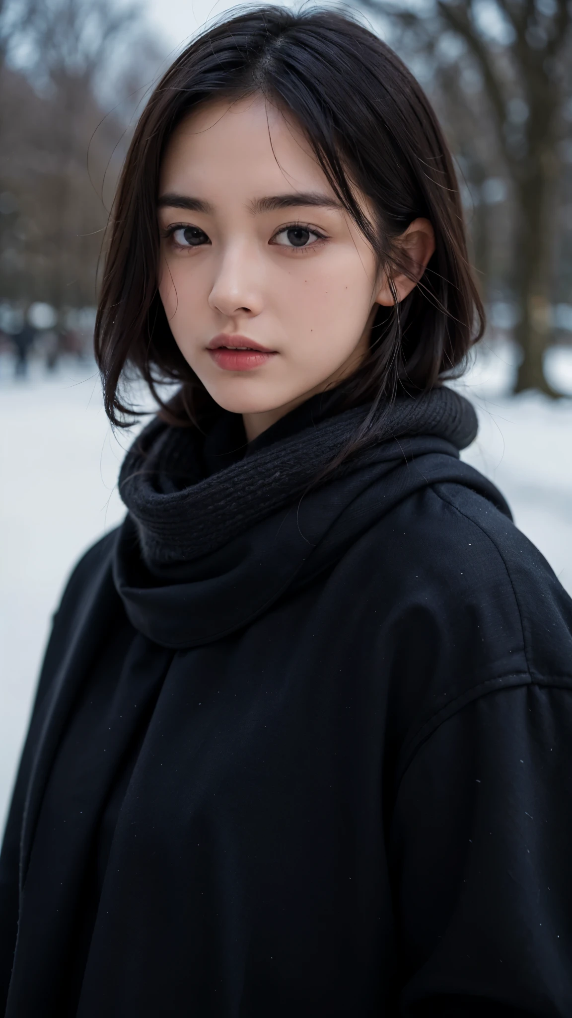 A woman in a black coat standing in the snow - SeaArt AI