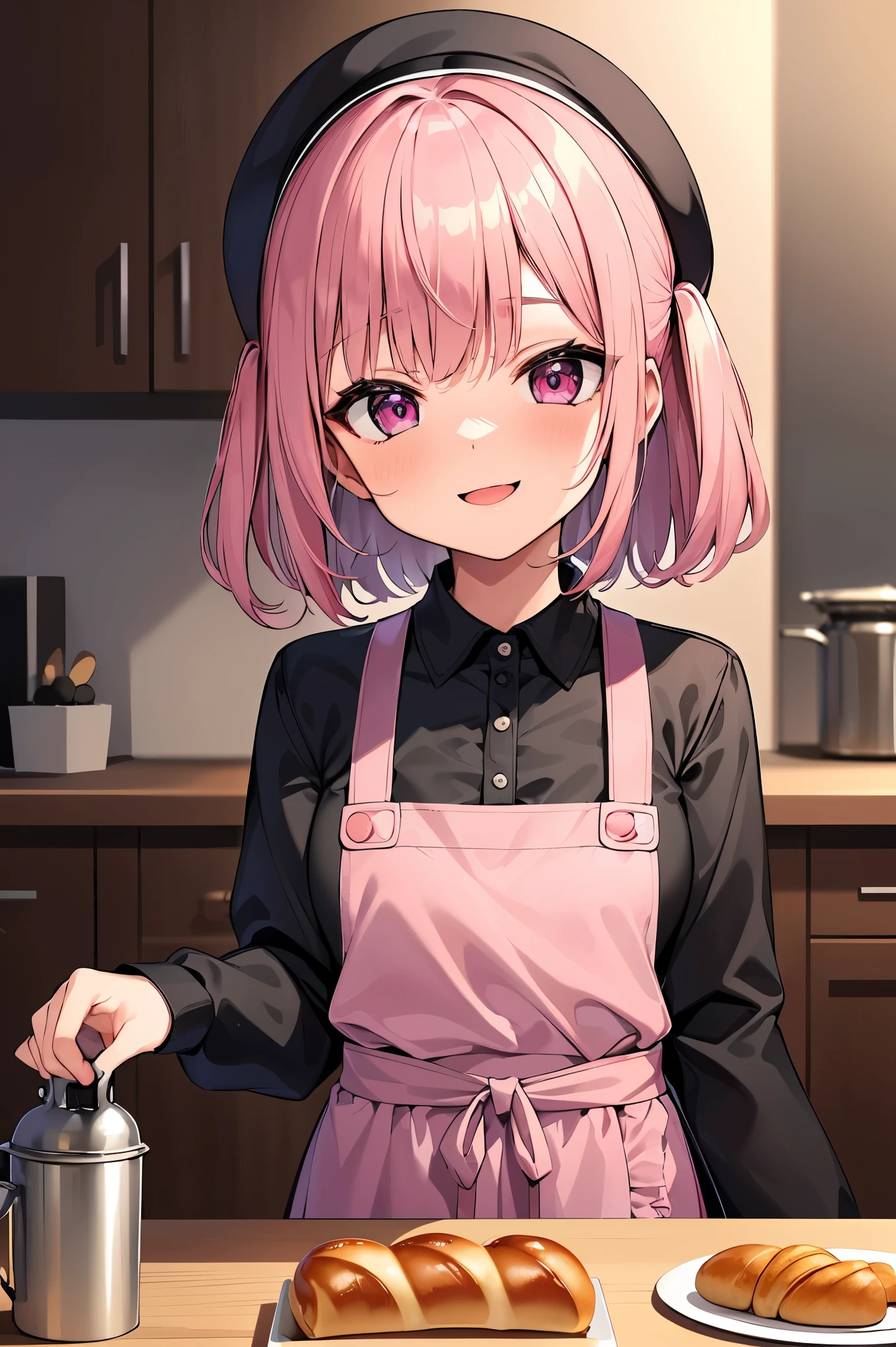 ((masterpiece, best quality, absurdres, highres, ultra detailed, high resolution, very fine 8KCG wallpapers)), 1 girl, solo, short hair, pale pink hair, pink eyes, bangs, smile, apron, upper body, looking at viewer, bakery, A lot of different breads are lined up,