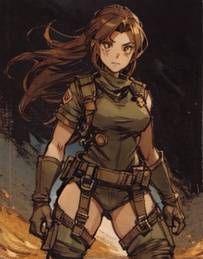 colored pencil drawing. Sketch. Mujer anime. Ropa militar ajustada. Sexy Athletic.