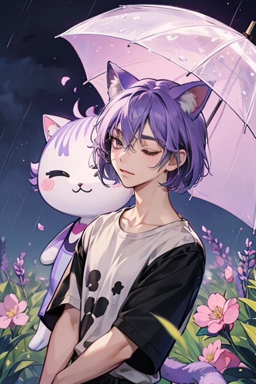 human Bob from animal crossing. Bob is a lavender cat with darker purple spots all over his body and face. He also has no visible nose. His eyes are half-closed, making him appear sleepy and reflecting his lazy personality. He initially wears the blossom tee. The inside of his ears are various shades of pink, and his tail has two darker purple spots on it. Bob carries the gelato umbrella when it rains.