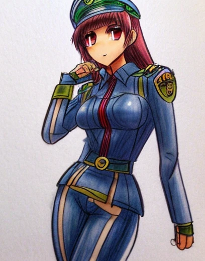 colored pencil drawing. Sketch. Mujer anime.  Ropa militar ajustada. Sexy Athletic.