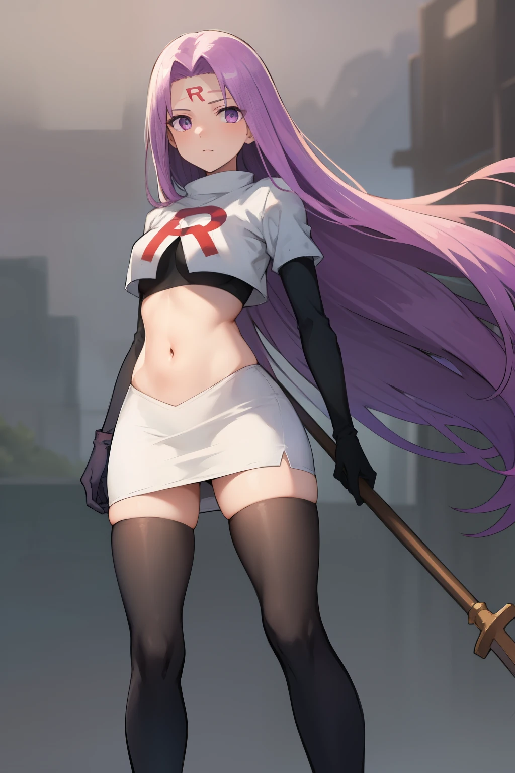 best quality, (masterpiece:1.2), highly detailed,
fate/stay background,
medusa_ubw,
1girl, solo, standing, looking at the viewer,
absurdly long hair, purple hair, floating hair, purple eyes, medium breasts,
team rocket,team rocket uniform,white skirt,red letter R,crop top,black thigh-highs,black elbow gloves,