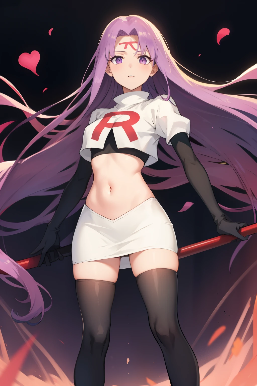 best quality, (masterpiece:1.2), highly detailed,
fate/stay background,
medusa_ubw,
1girl, solo, standing, looking at the viewer,
absurdly long hair, purple hair, floating hair, purple eyes, medium breasts,
team rocket,team rocket uniform,white skirt,red letter R,crop top,black thigh-highs,black elbow gloves,
