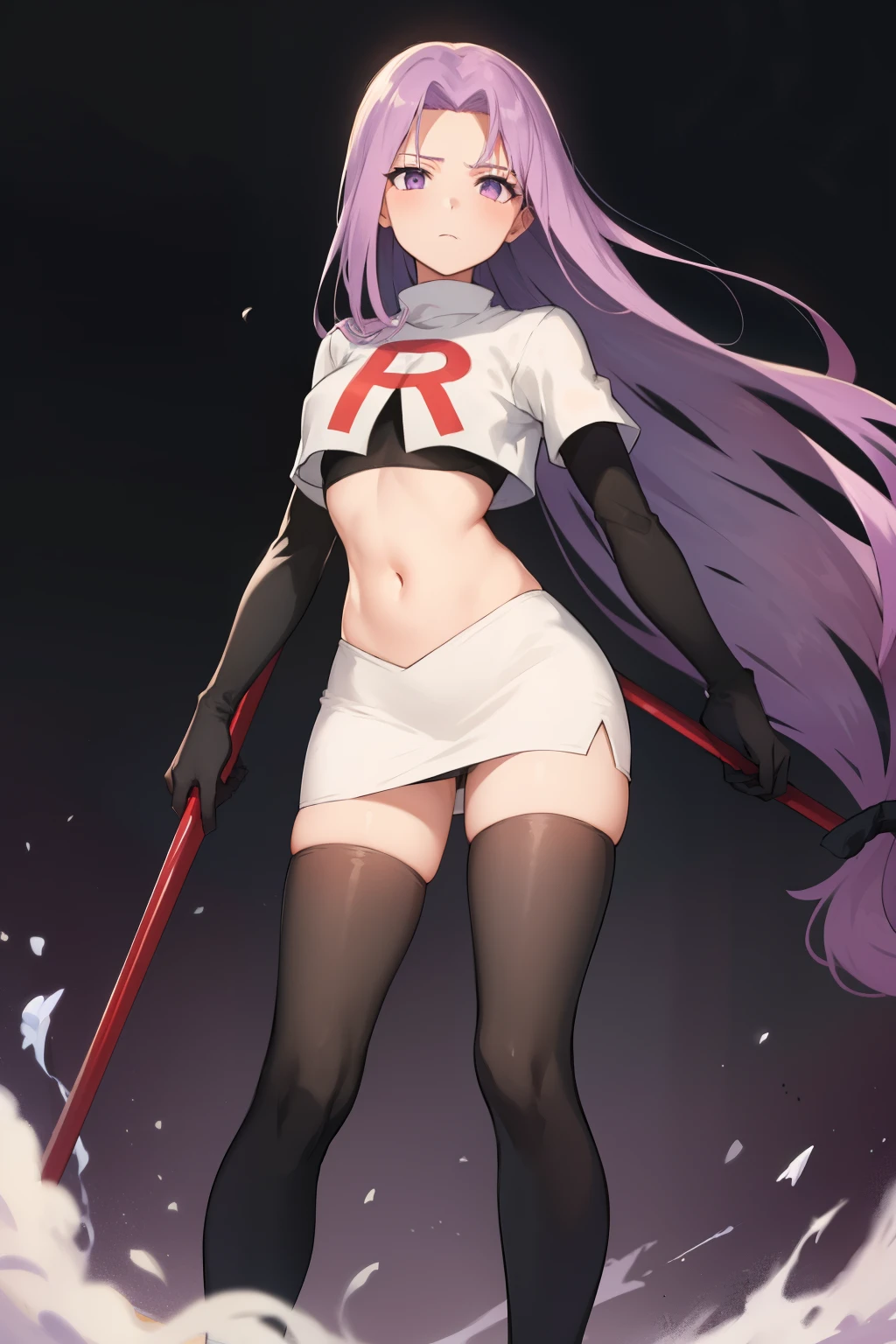 best quality, (masterpiece:1.2), highly detailed,
fate/stay background,
medusa_ubw,
1girl, solo, standing, looking at the viewer,
absurdly long hair, purple hair, floating hair, purple eyes, medium breasts,
team rocket,team rocket uniform,white skirt,red letter R,crop top,black thigh-highs,black elbow gloves,