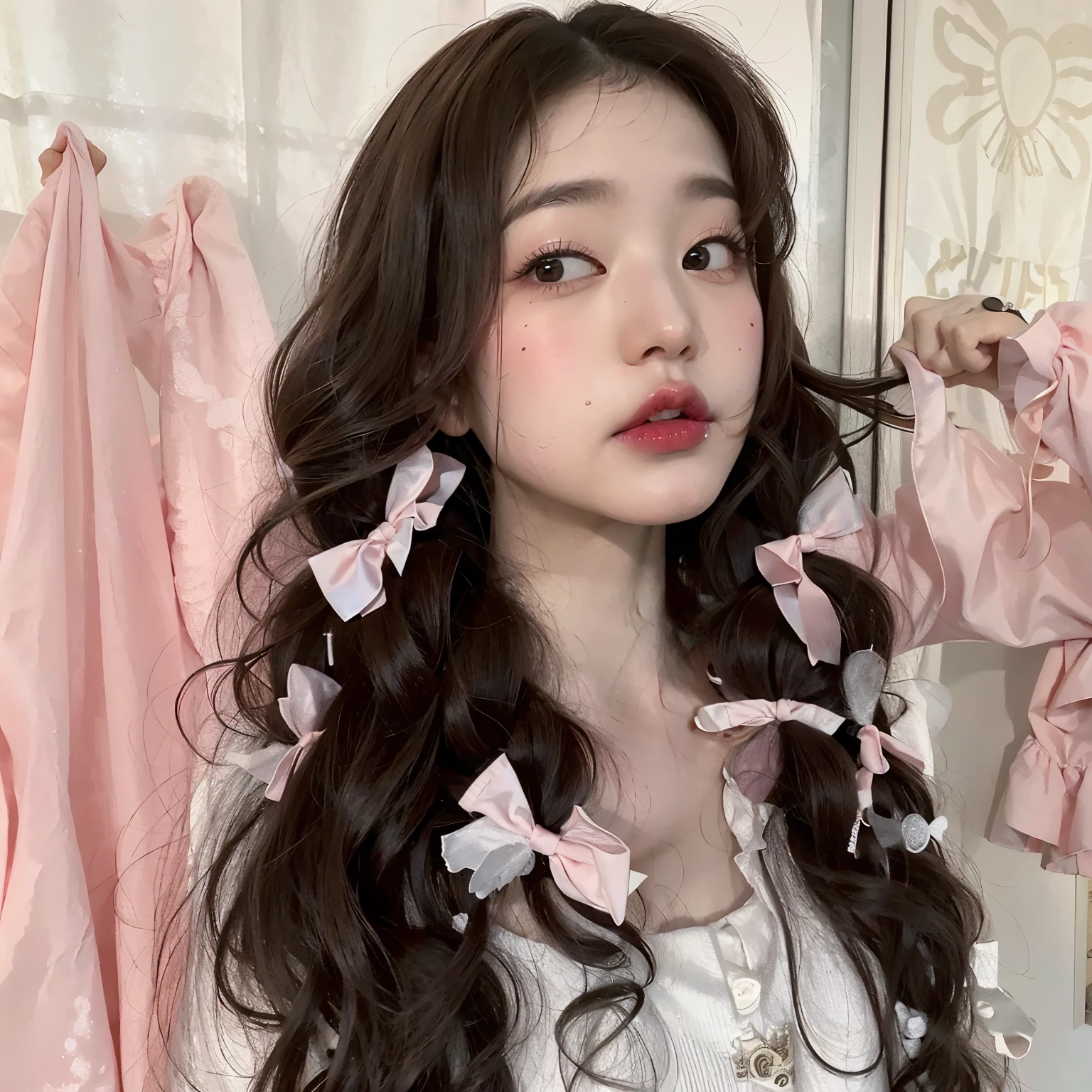 there is a woman with long hair and a white dress, wearing pink hair bow, ribbon in her hair, pigtails hairstyle, with long curly hair, aesthetic cute with flutter, with long curly, belle delphine, gigantic pink ringlets, by Marie Angel, wearing hair bow, anna nikonova aka newmilky, curtain bangs, kailee mandel