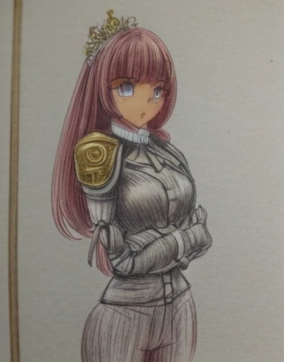 colored pencil drawing. Sketch. Mujer anime. Ropa militar ajustada. Sexy Athletic.