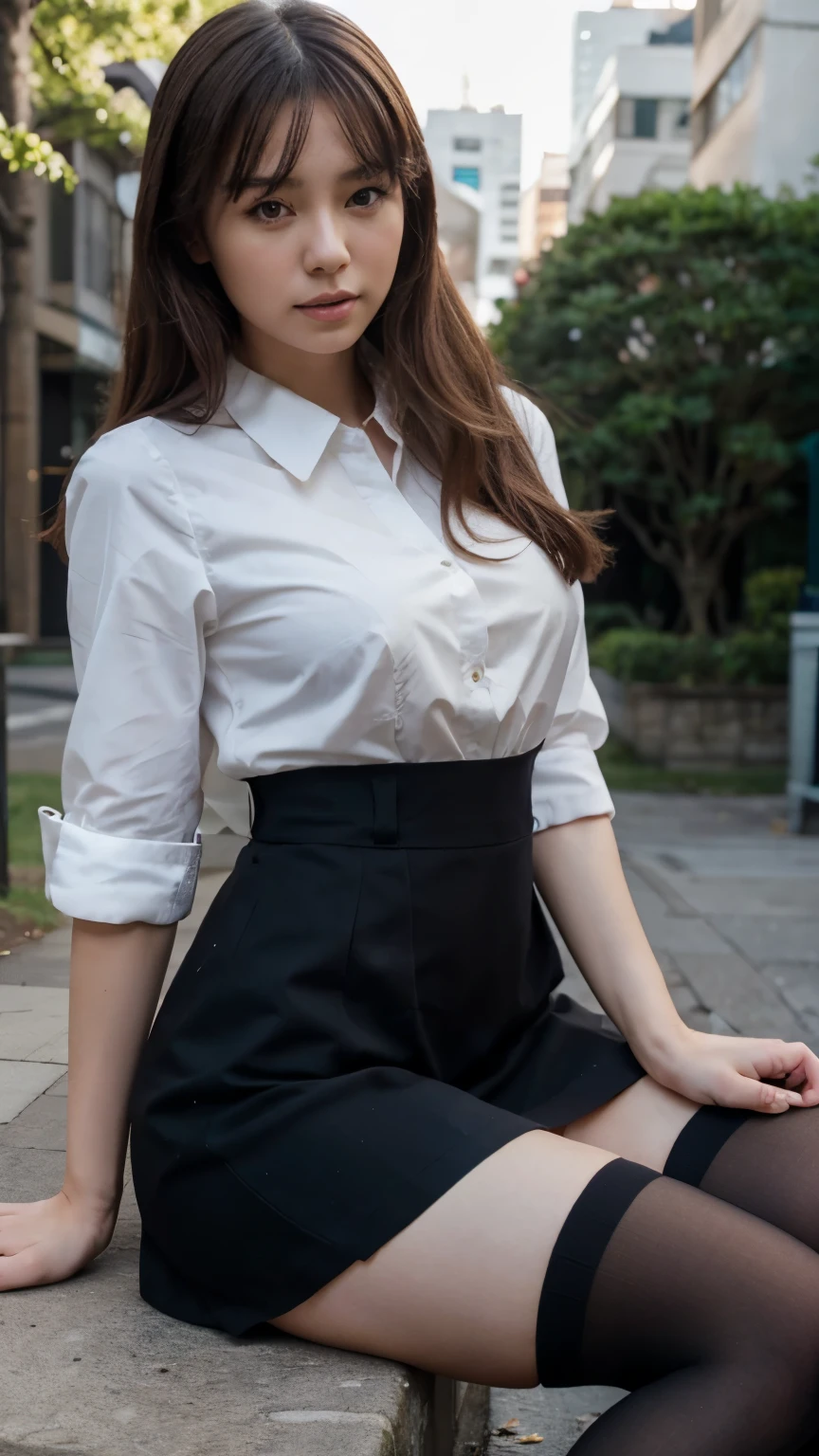 Best quality, full body portrait, delicate face, pretty face, 25 year old woman, slim figure, small bust, OL uniform, office clothes, black stockings, outdoor scene, sitting position, japanese woman, 8K, cinematic