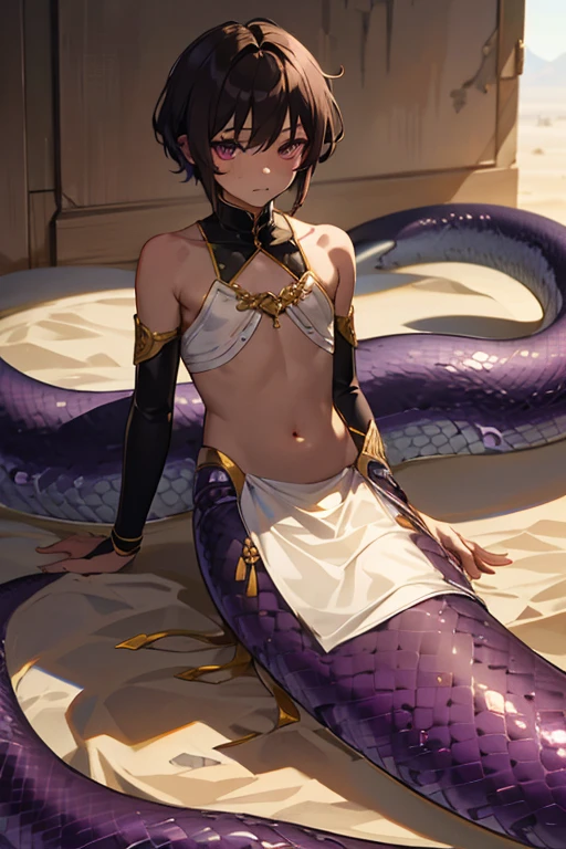 lamia male、delicate、12 years old、desert、brown skin、Purple scales、Exposed belly、sitting