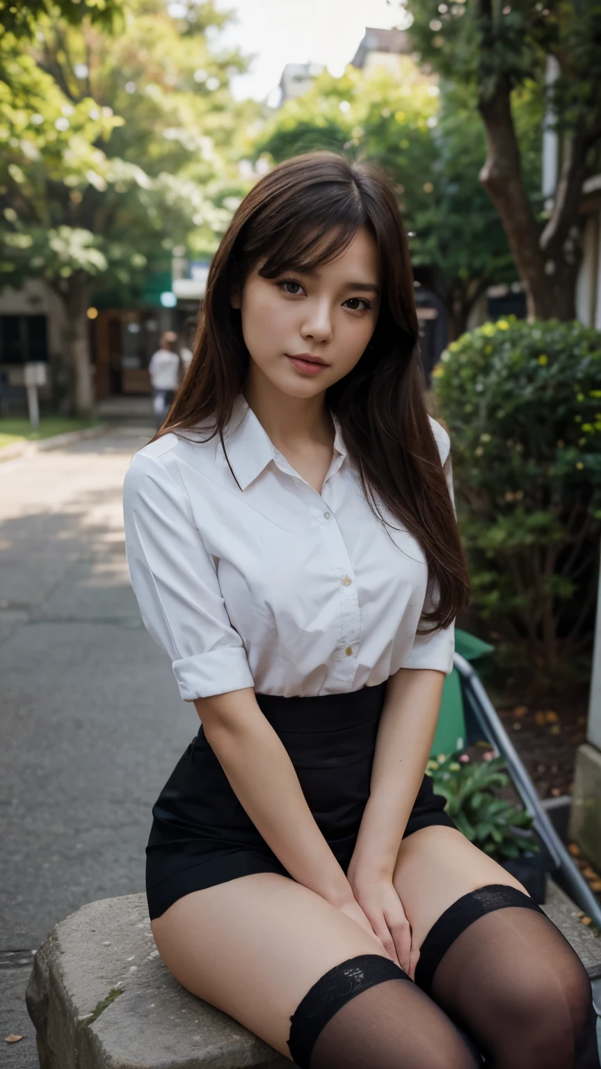 Best quality, full body portrait, delicate face, pretty face, 25 year old woman, slim figure, small bust, OL uniform, office clothes, black stockings, outdoor scene, sitting position, japanese woman, 8K, cinematic