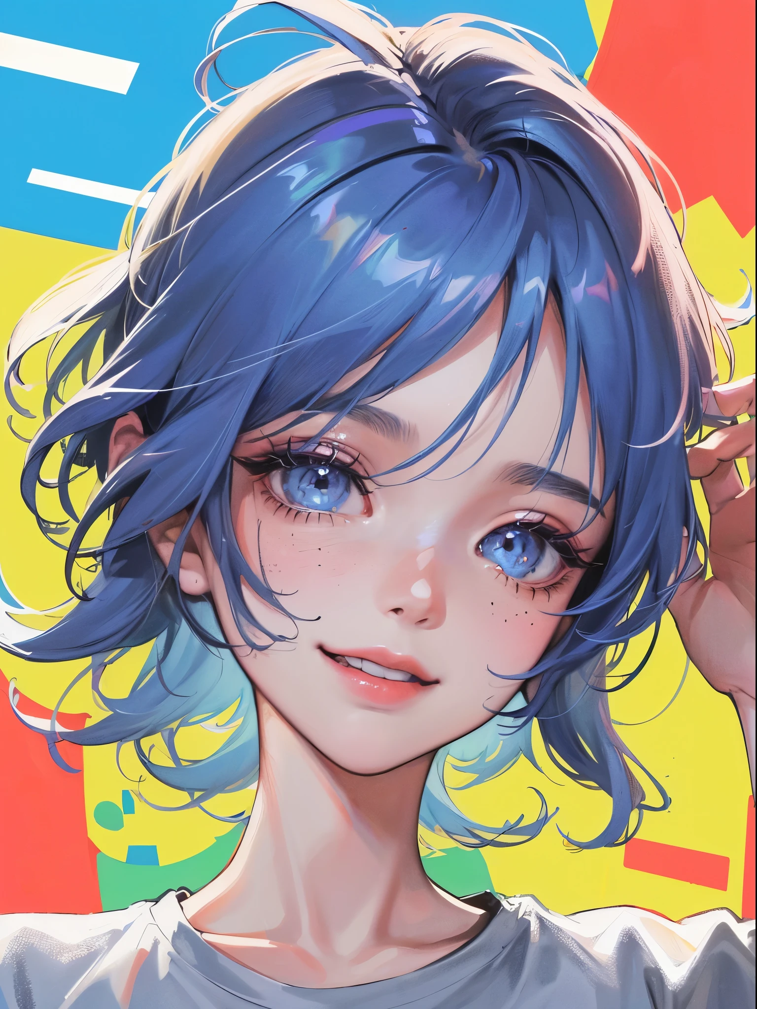 (((1人の女性)))、(Top resolution、Distinct_image) best qualtiy、(((Pop)))、1990's、((colorful backdrop))、((illuminating))、ighly detailed、Semi-realistic、Sky blue colored hair、((hairstyle I made、A smile、bangss、20yr old、年轻、((tshirts))、delicate facial features facial features、View from below、((Detailed eyes))