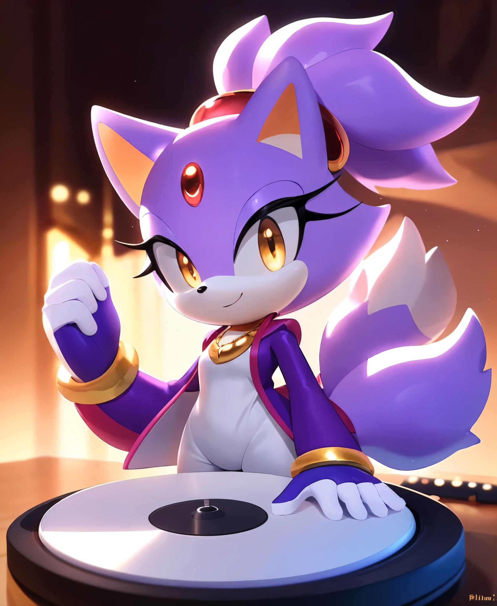 masterpiece, best quality, big hands, Blaze The Cat,  1girl, gold necklace, white jumpsuit, animal_ears, closed_mouth, red forehead_jewel, fur-trimmed_gloves, fur_trim, furry, furry_female, gloves, long_sleeves, purple_coat, purple_hair, solo, standing, tied_hair, (topknot:1.2), white_gloves, white_pants, yellow_eyes, tail, photo background, showcase, 3d model, 3d, toy, plastic, figurine, figure, chibi, turntable, showcase, studio lighting, ultra quality, insane resolution, absurdres,