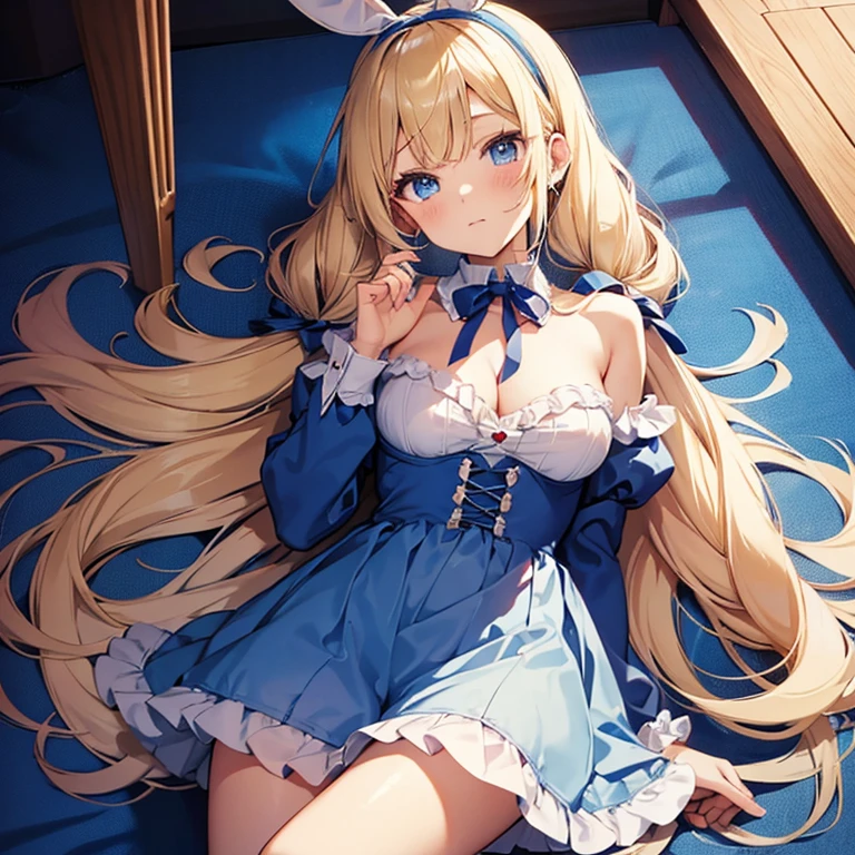 blonde twintails,blue eyes,young girl,cute face,big eyes,big blue ribbon,Blue headband,Alice in Wonderland,flat chest,Alice Clothing,fantasy,Rabbit