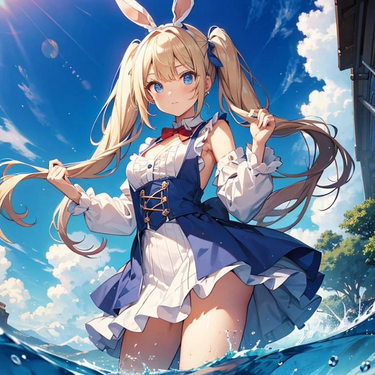 blonde twintails,blue eyes,young girl,cute face,big eyes,big blue ribbon,Blue headband,Alice in Wonderland,flat chest,Alice Clothing,fantasy,Rabbit