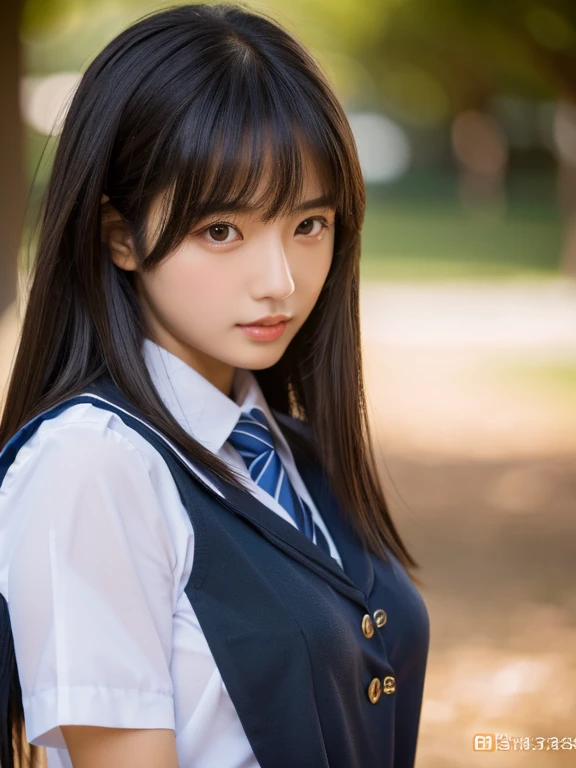 ((masterpiece)), (realistic: 1.2) masterpiece, 最high quality, high quality, Glossy skin, 最high quality, ultra detail,Mature，beautiful, black hair， long hair， With bangs，school uniform，big breasts ，Exposing the skin，Bewitching，whole body, very detailed, High resolution, parted lips